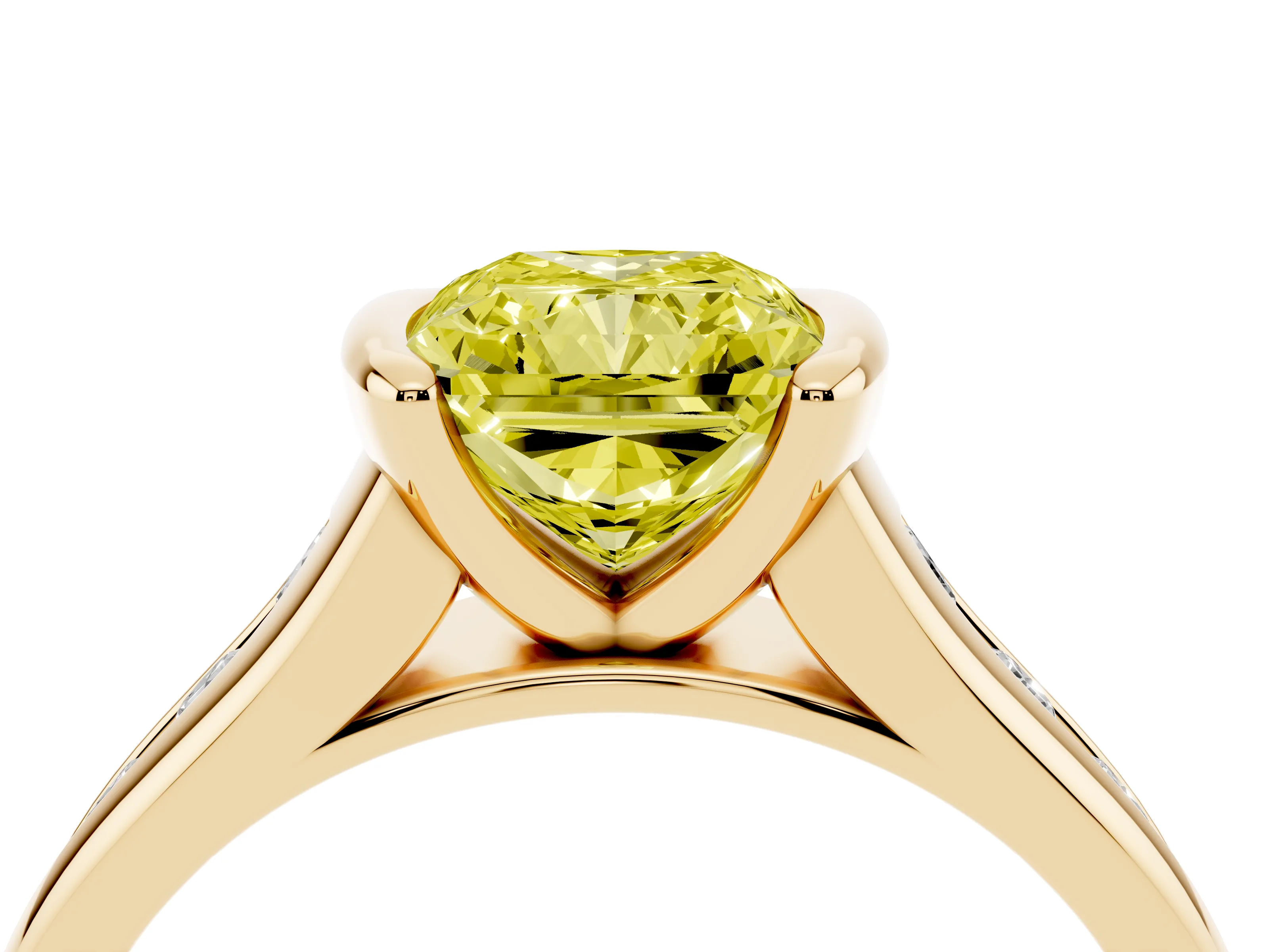 Fancy Yellow Radiant Cut Diamond Bezel-Set Solitaire Ring Set in Yellow gold with Channel-Set Band