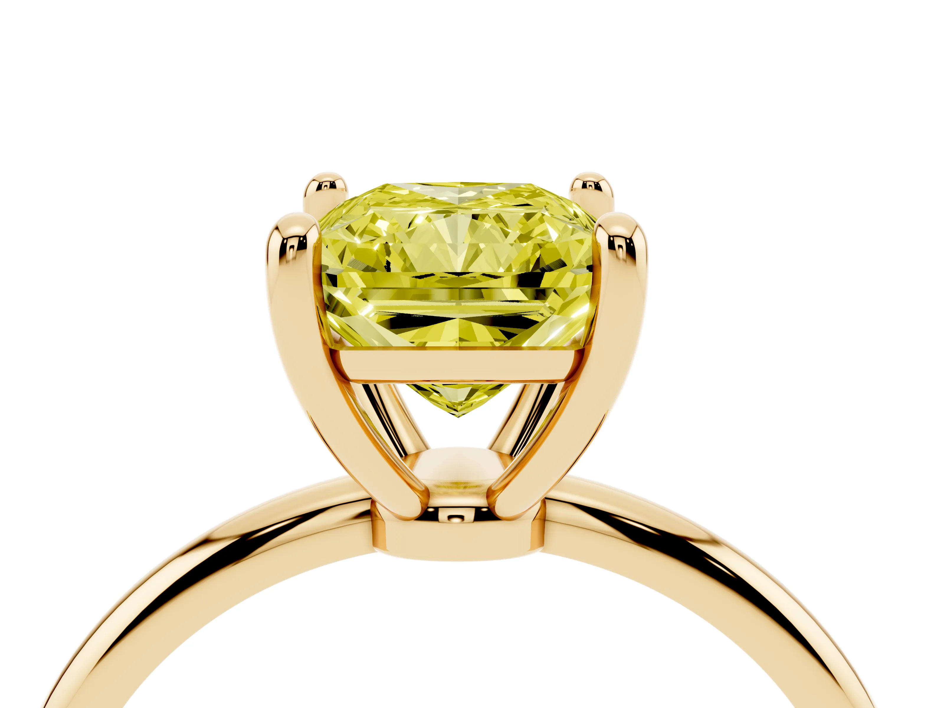 Fancy Yellow Radiant Cut Diamond Solitaire Ring Set in Yellow gold with Secure Prong Setting on a Classic Band
