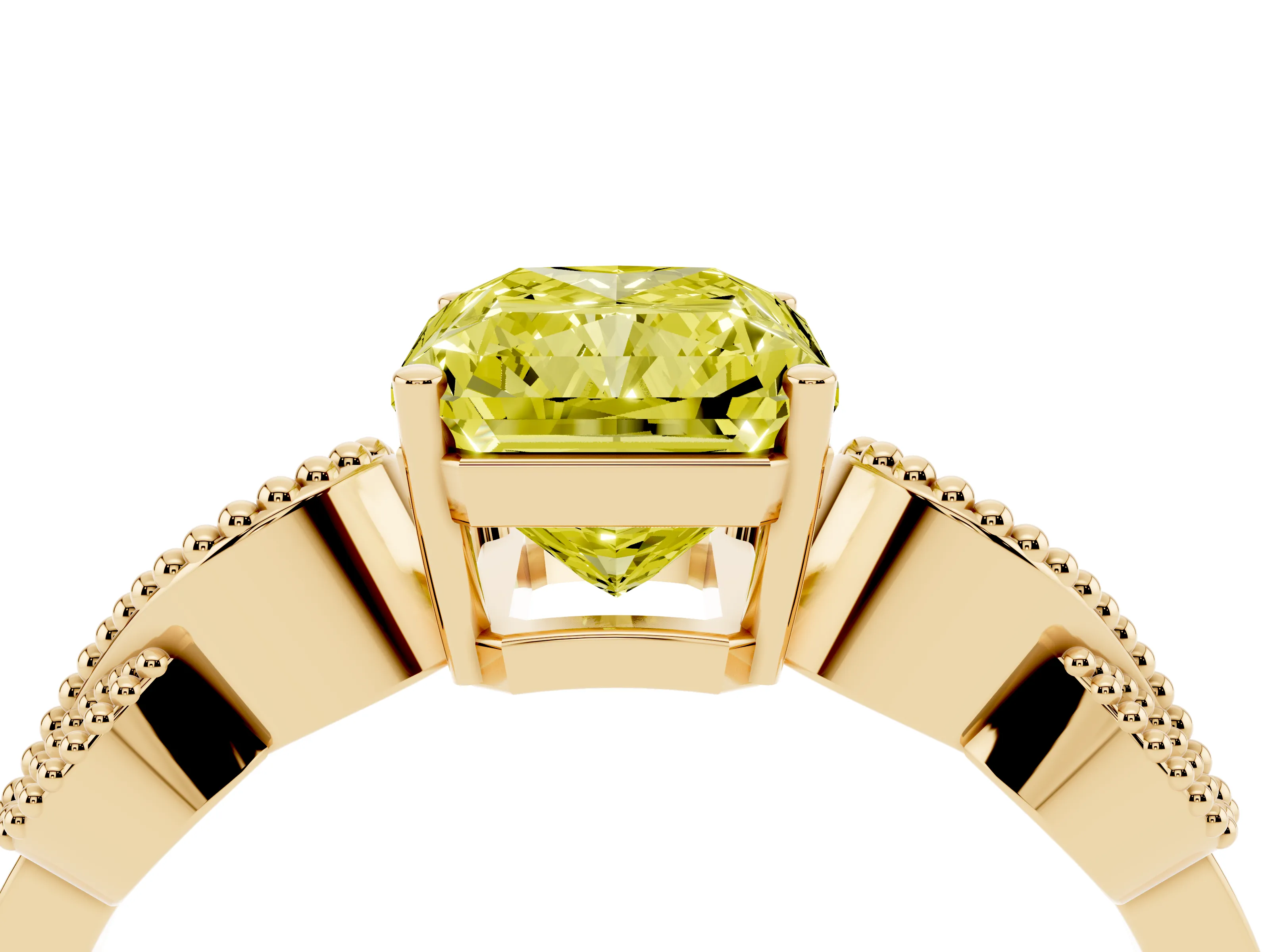 Fancy Yellow Radiant Cut Diamond Milgrain Leaf Band Solitaire Ring Set in Yellow gold with Accent Stones and Prong Setting