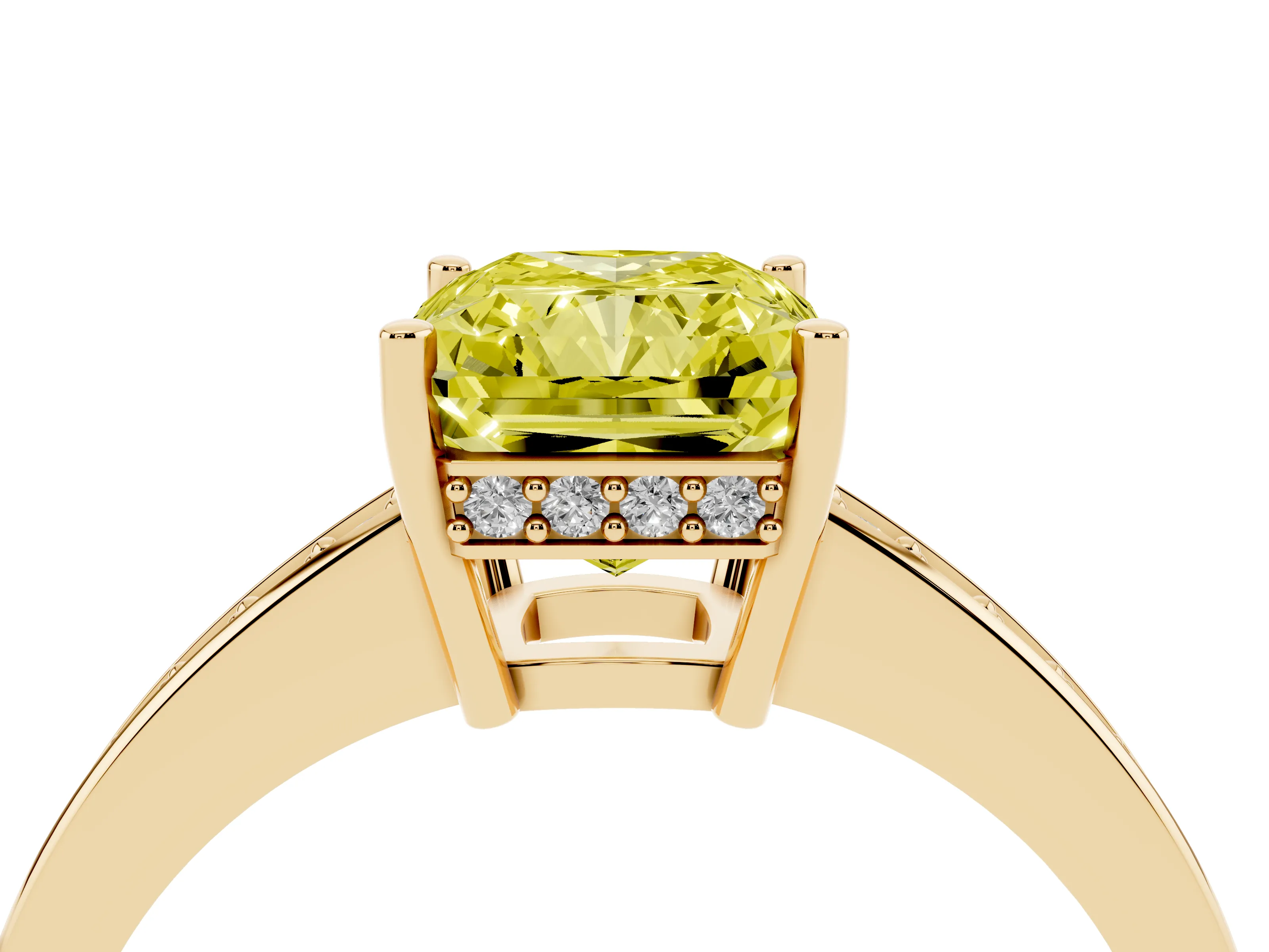 Fancy Yellow Radiant Cut Diamond Pavé Band Prong Set Solitaire Ring Set in Yellow gold