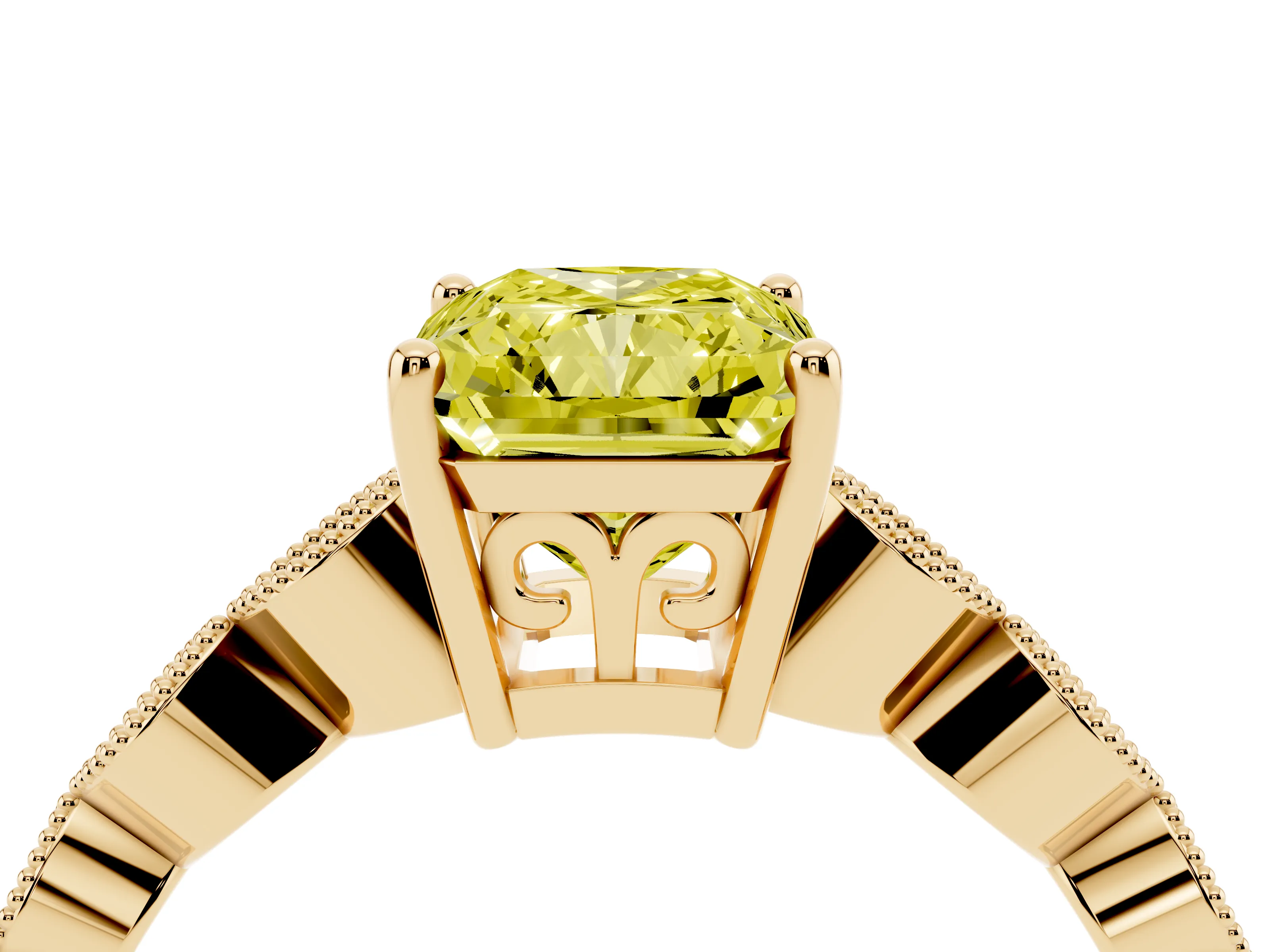Fancy Yellow Radiant Cut Diamond Solitaire Ring Set in Yellow gold with Infinity Twist Pavé Band