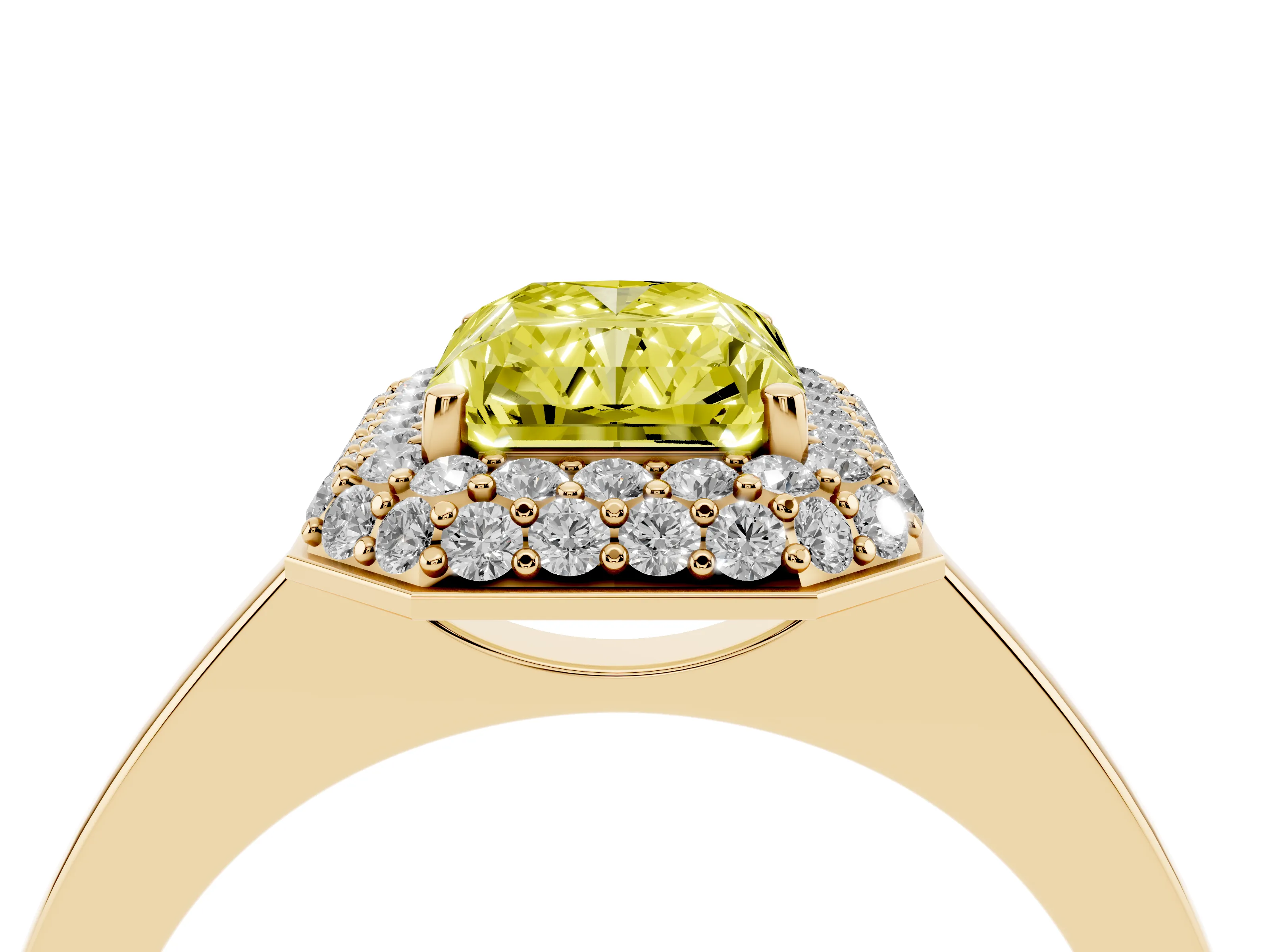Fancy Yellow Radiant Cut Diamond Halo Engagement Ring Set in Yellow gold with Solitaire Band and Prong Setting