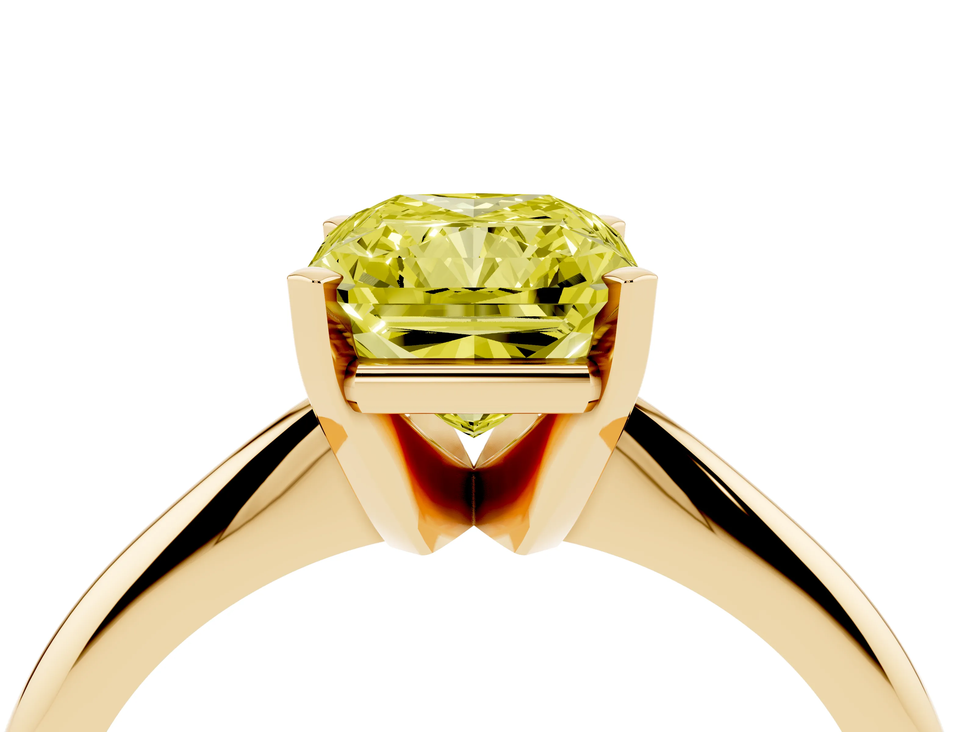Fancy Yellow Radiant Cut Diamond Solitaire Ring Set in Yellow gold with Prong Setting on a Plain Round Band
