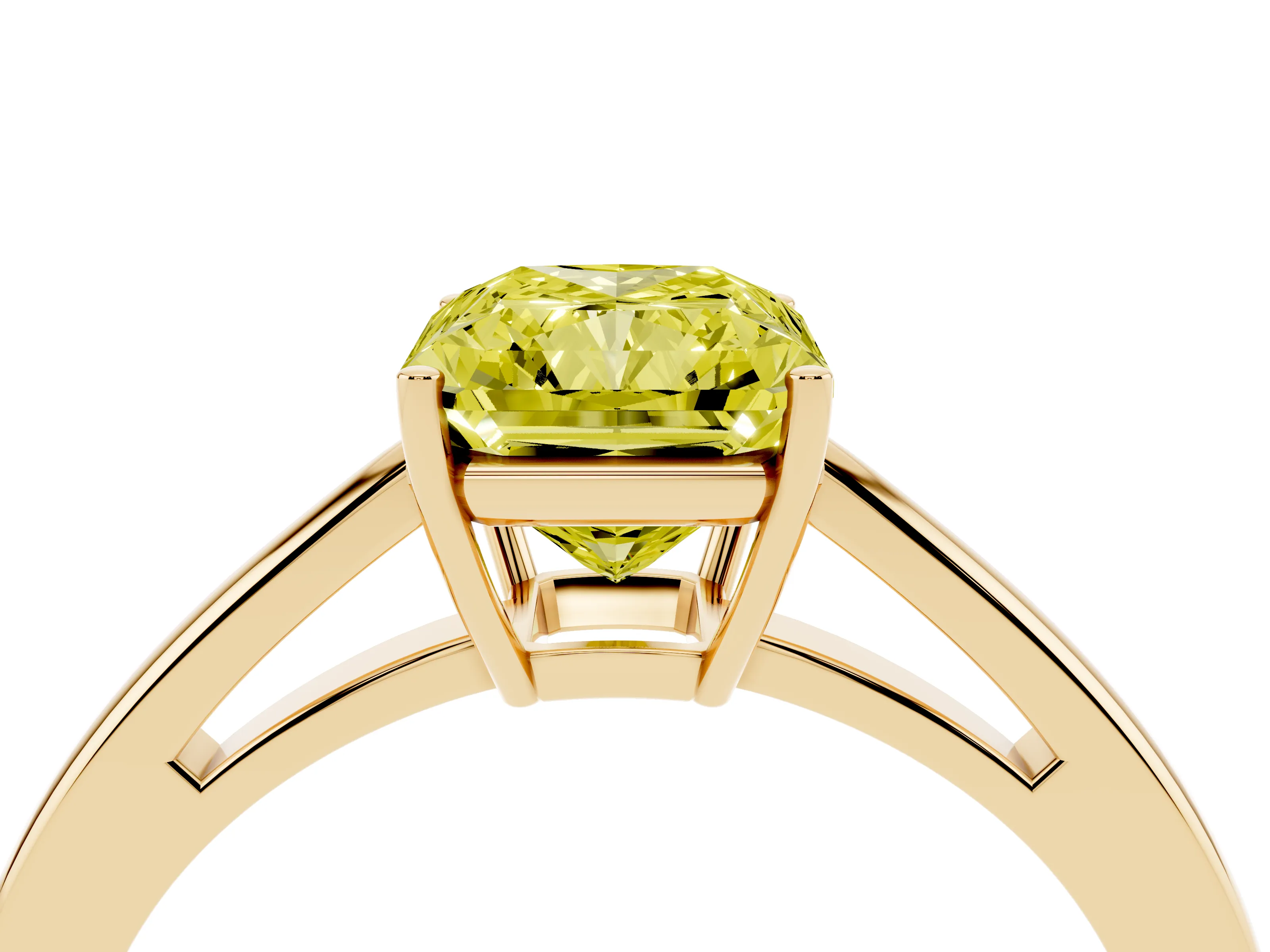 Fancy Yellow Radiant Cut Diamond Solitaire Ring Set in Yellow gold with Split Shank and Prong Setting