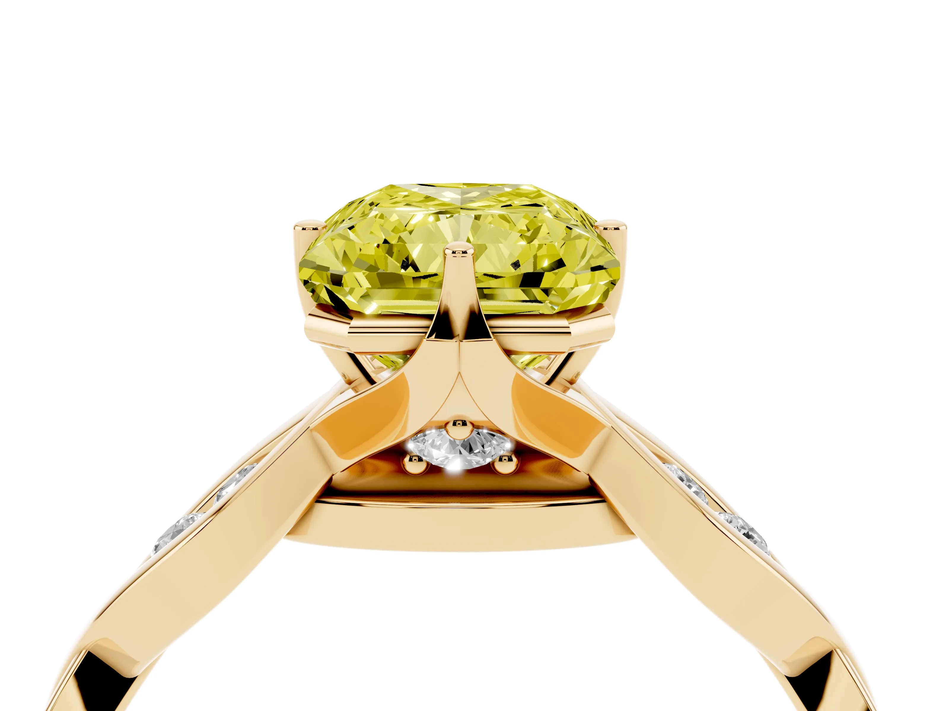 Fancy Yellow Radiant Cut Diamond Twist Band Solitaire Ring Set in Yellow gold with Leaf Prong Setting and Accent Stones