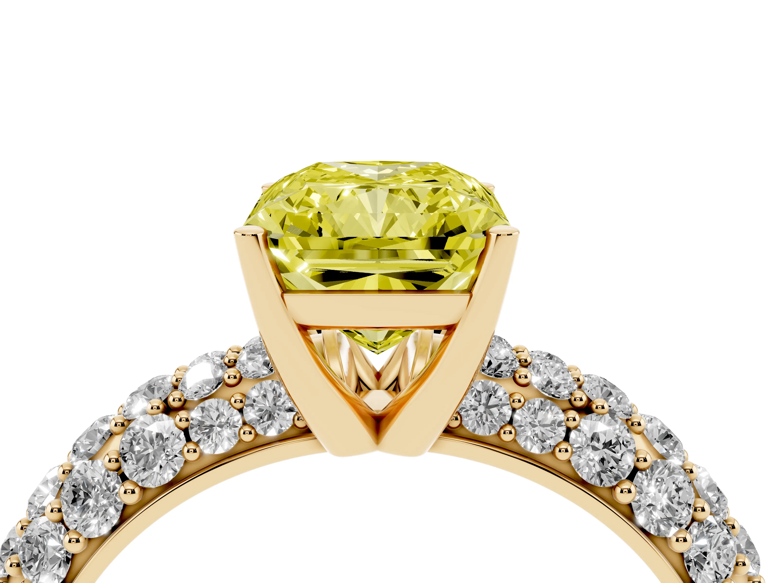 Fancy Yellow Radiant Cut Diamond Pavé Band Solitaire Ring Set in Yellow gold with Close-Set Accent Stones and Prong Setting