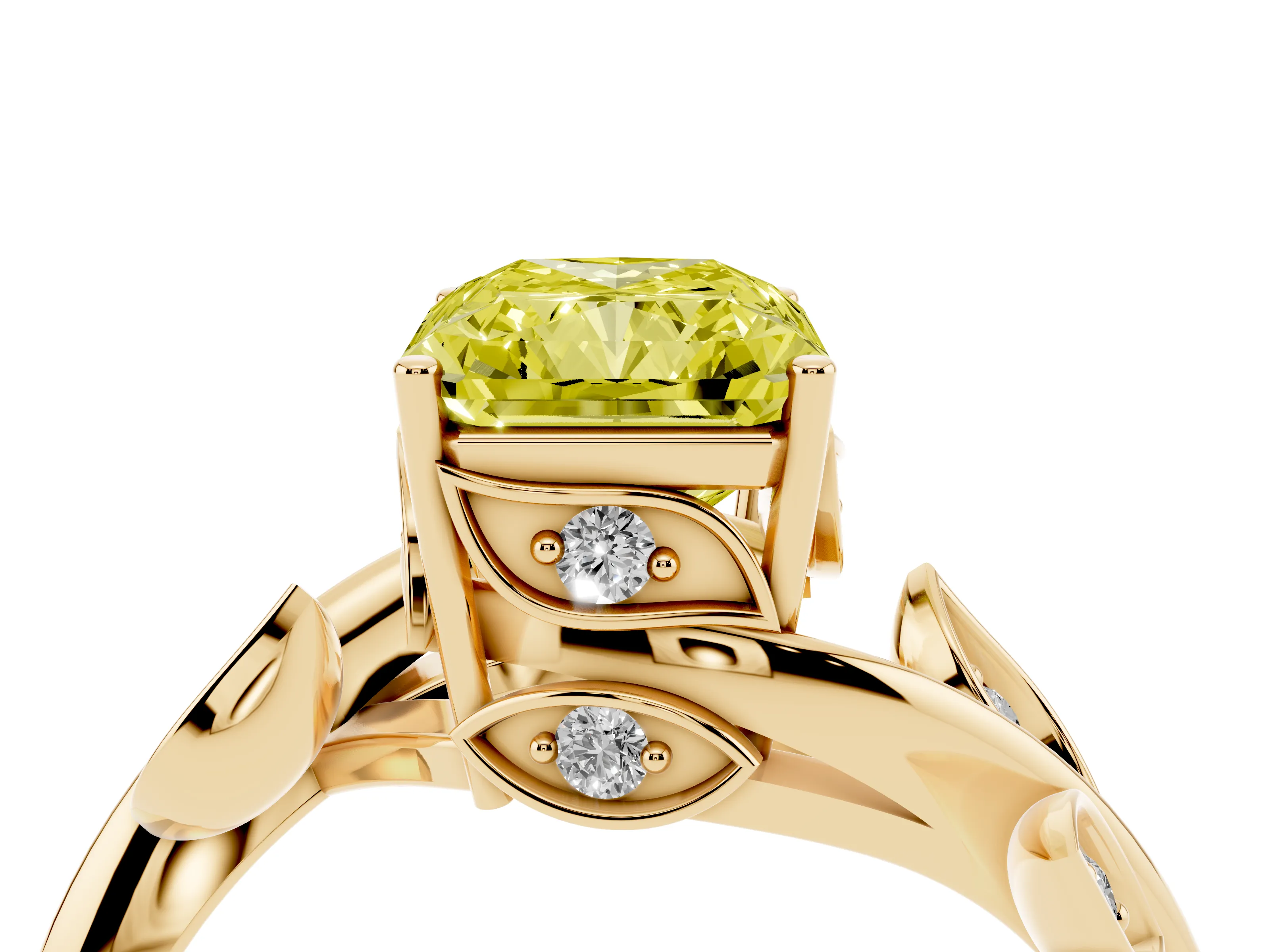 Fancy Yellow Radiant Cut Diamond Solitaire Twist Engagement Ring Set in Yellow gold with Pavé Leaf Accents