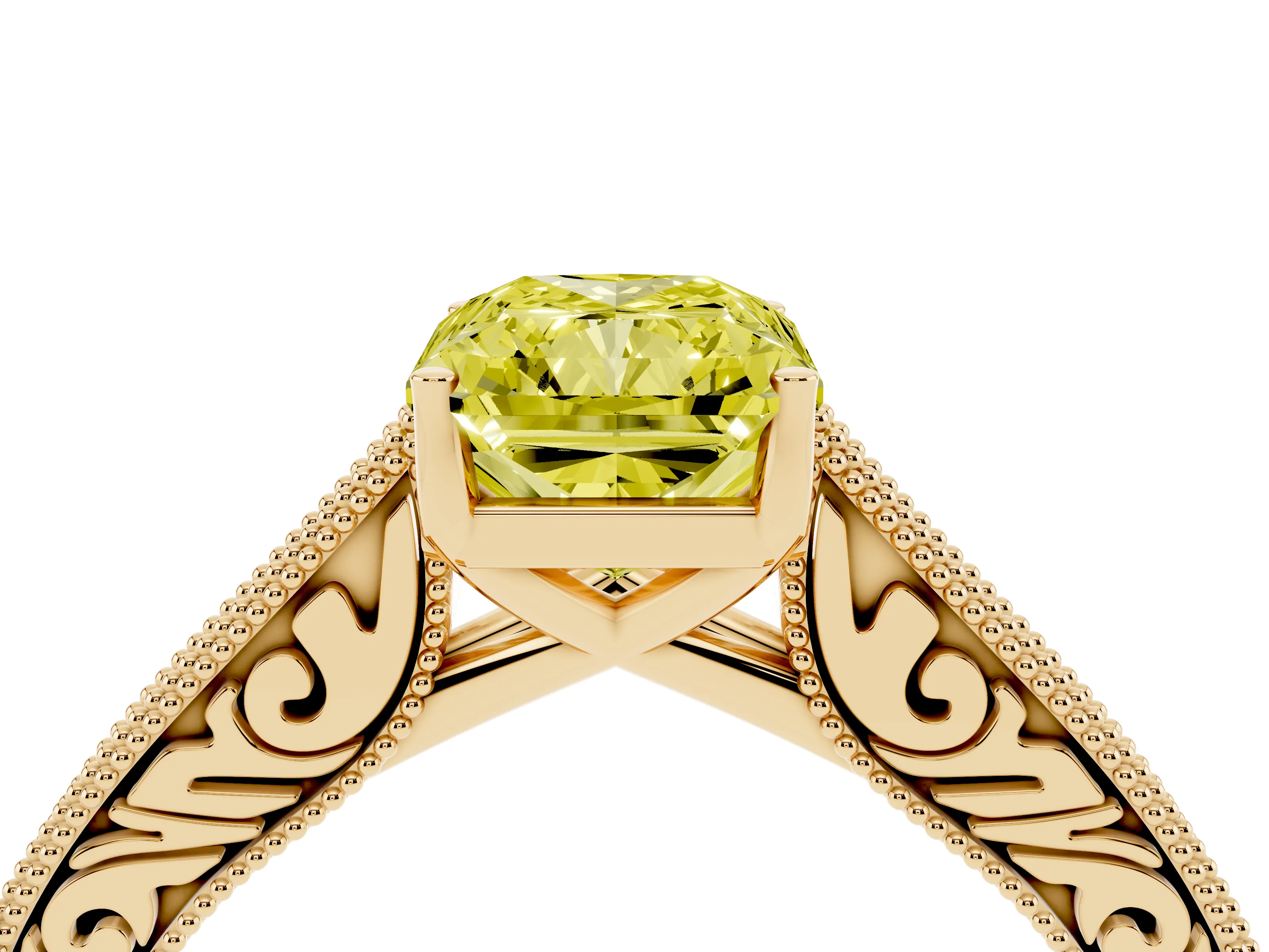 Fancy Yellow Radiant Cut Diamond Milgrain Pavé Band Solitaire Ring Set in Yellow gold with Prong Setting