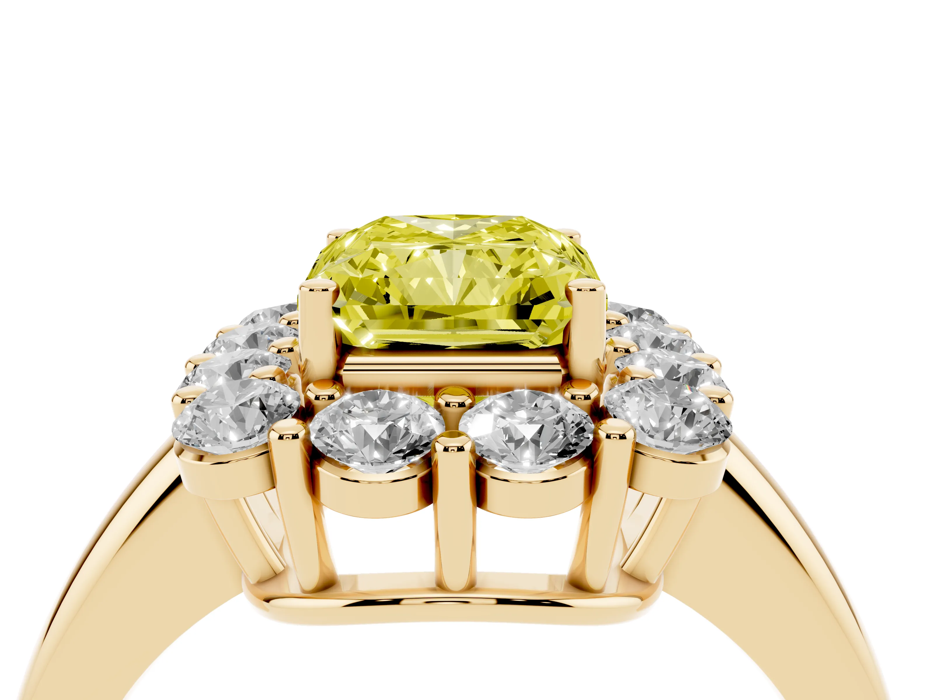 Fancy Yellow Radiant Cut Diamond Halo Cluster Engagement Ring Set in Yellow gold with Polished Band and Prong Setting