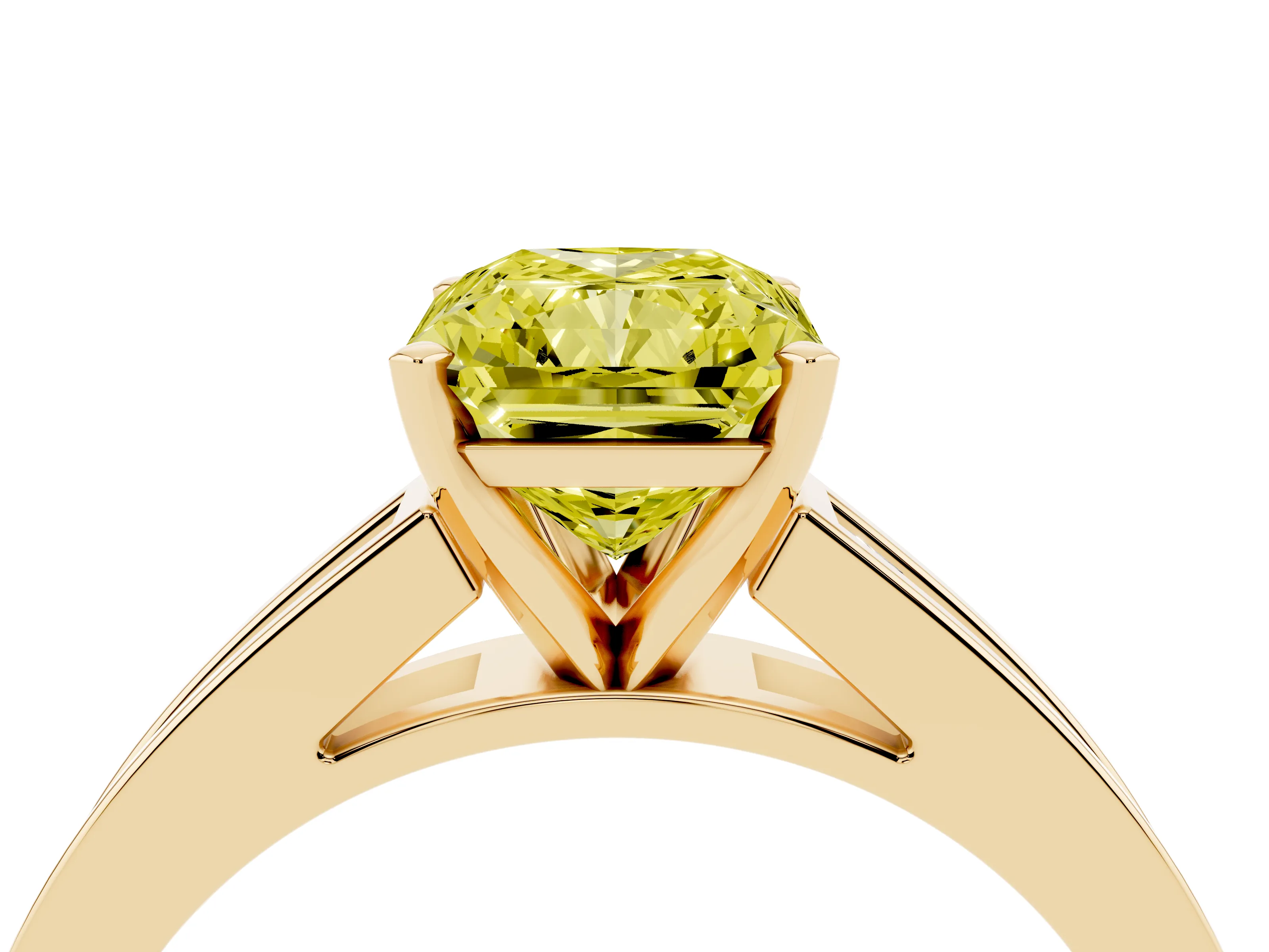 Fancy Yellow Radiant Cut Diamond Solitaire Ring Set in Yellow gold with Channel-Set Band and Prong Setting
