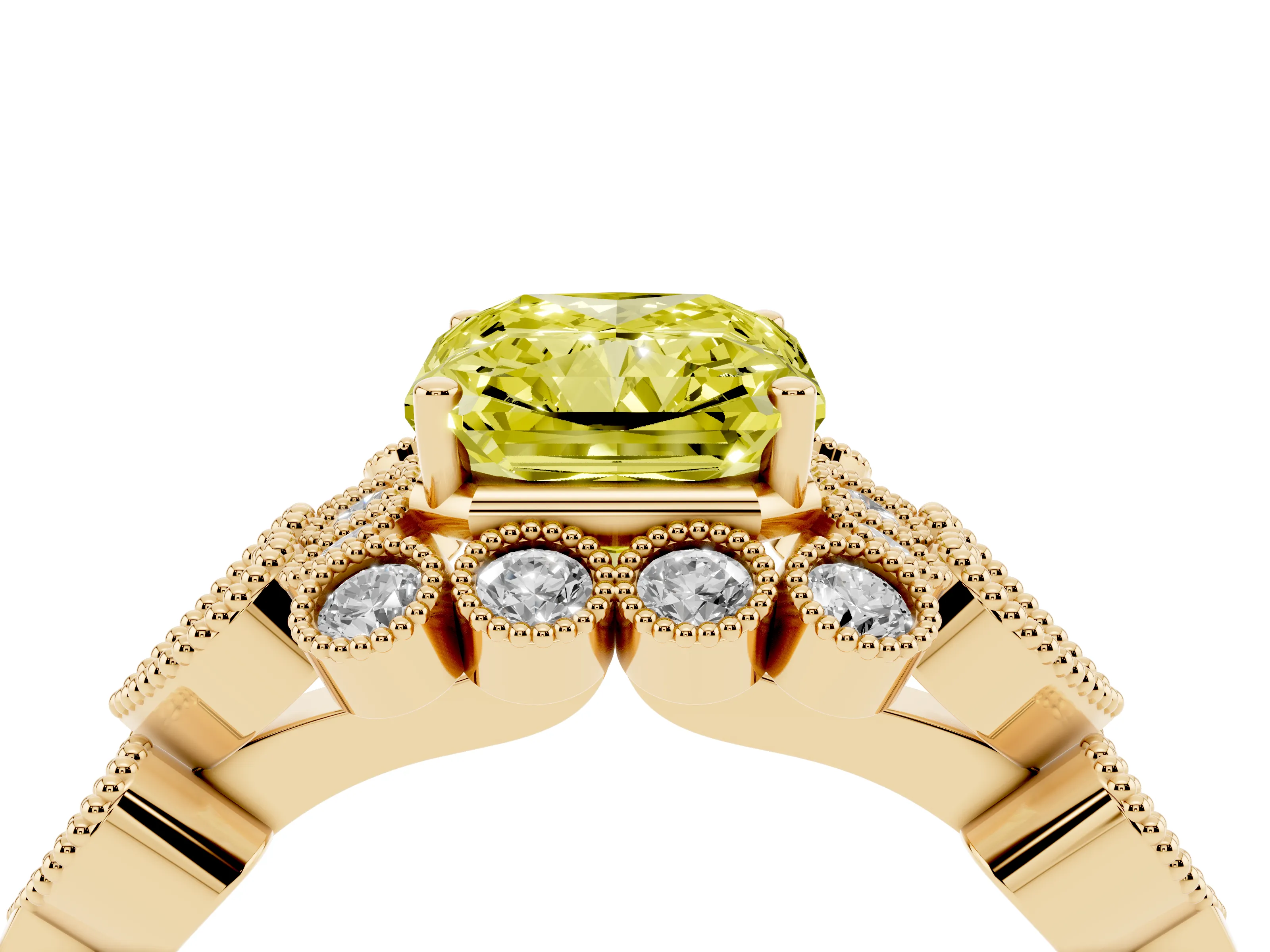 Fancy Yellow Radiant Cut Diamond Solitaire Ring Set in Yellow gold with Milgrain Pavé Heart Band
