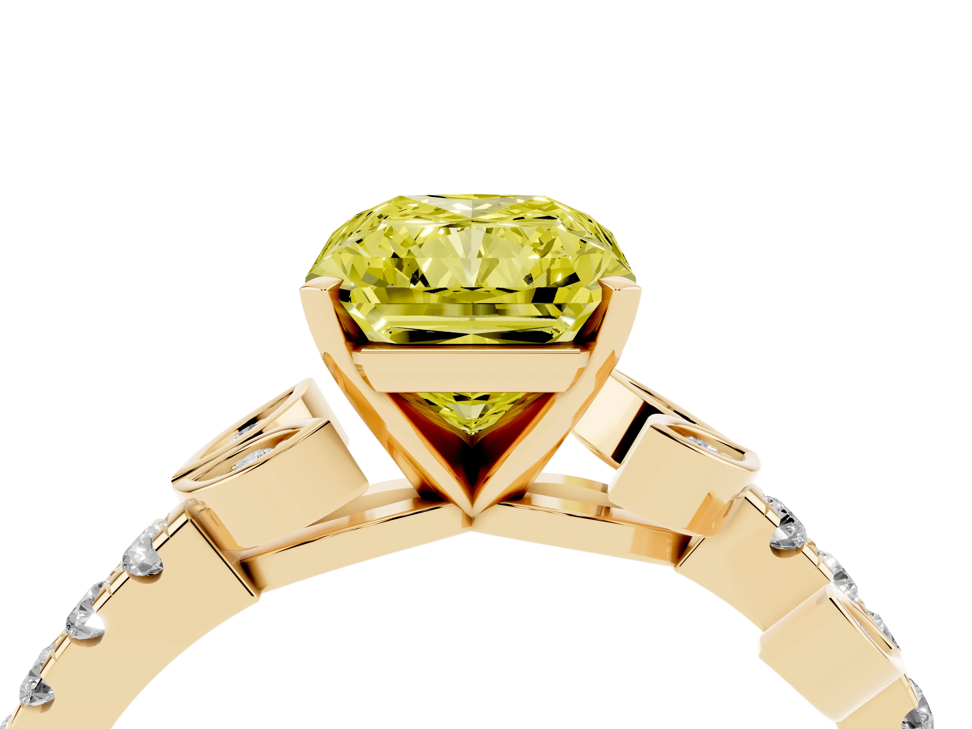Fancy Yellow Radiant Cut Diamond Solitaire Leaf-Inspired Ring Set in Yellow gold with Pavé Band and Prong Setting