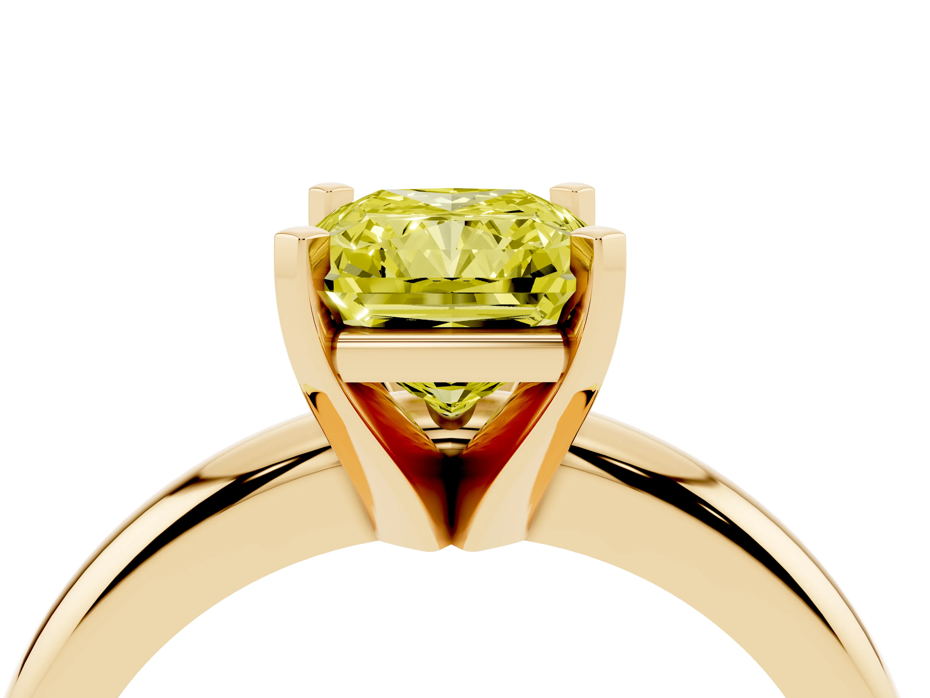 Fancy Yellow Radiant Cut Diamond Solitaire Engagement Ring Set in Yellow gold with Round Band and Prong Setting