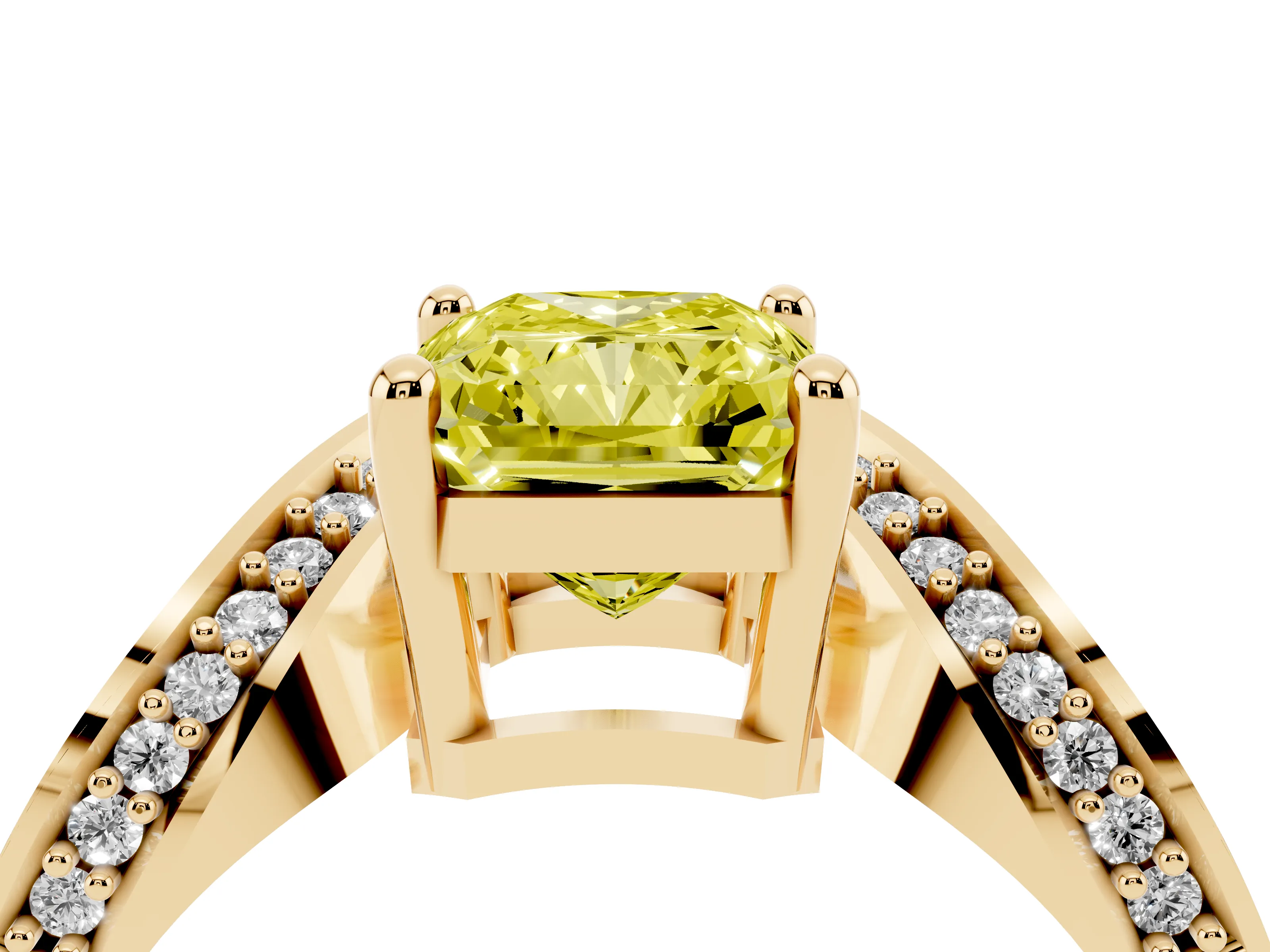 Fancy Yellow Radiant Cut Diamond Solitaire Engagement Ring Set in Yellow gold with Pavé Shoulders