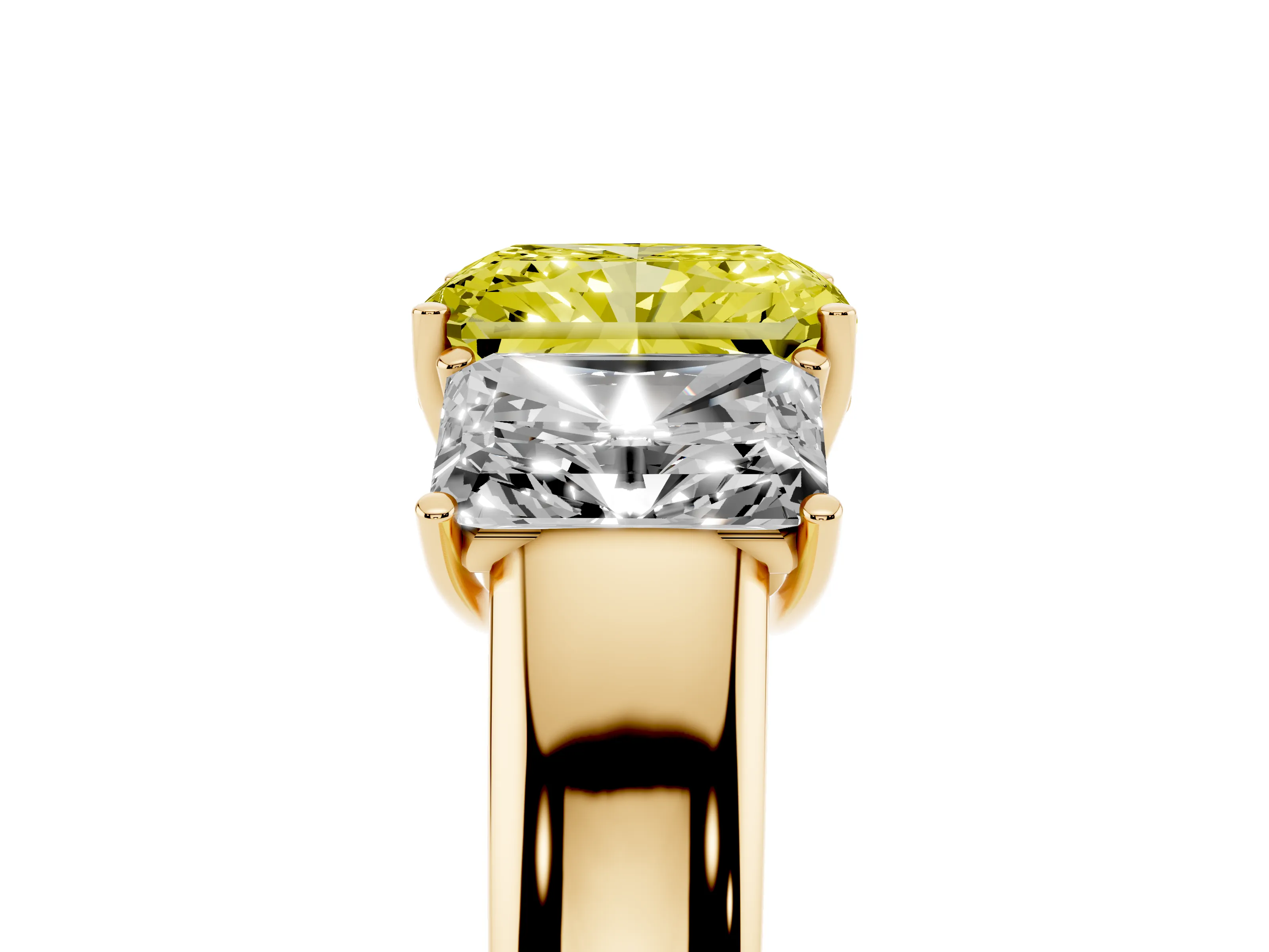 Fancy Yellow Three-Stone Radiant Cut Diamond Ring Set in Yellow gold with Matching Prong Settings and Plain Band