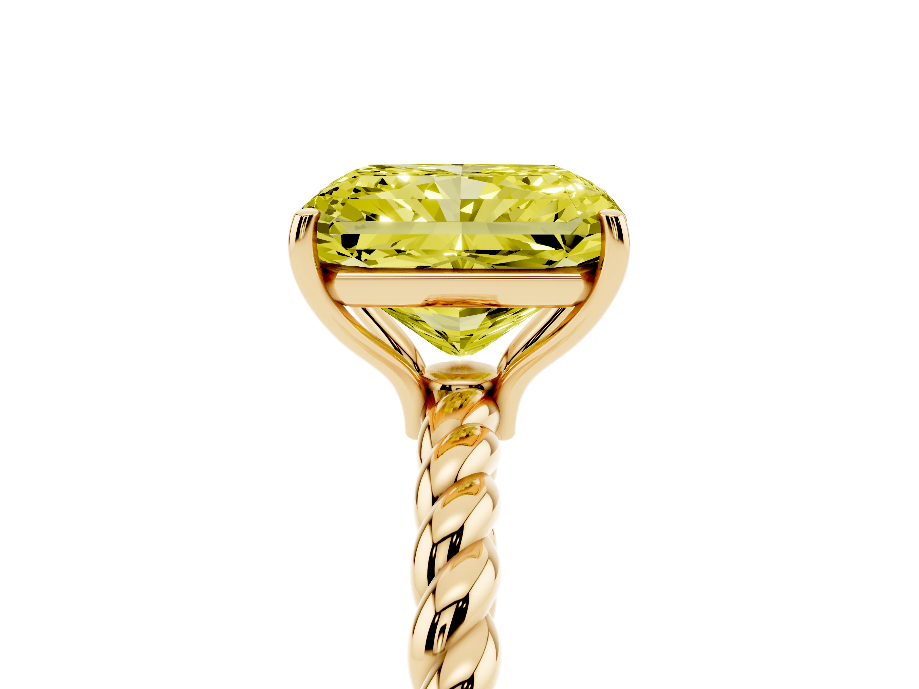 Fancy Yellow Radiant Cut Diamond Solitaire Ring Set in Yellow gold with Twist Band and Prong Setting