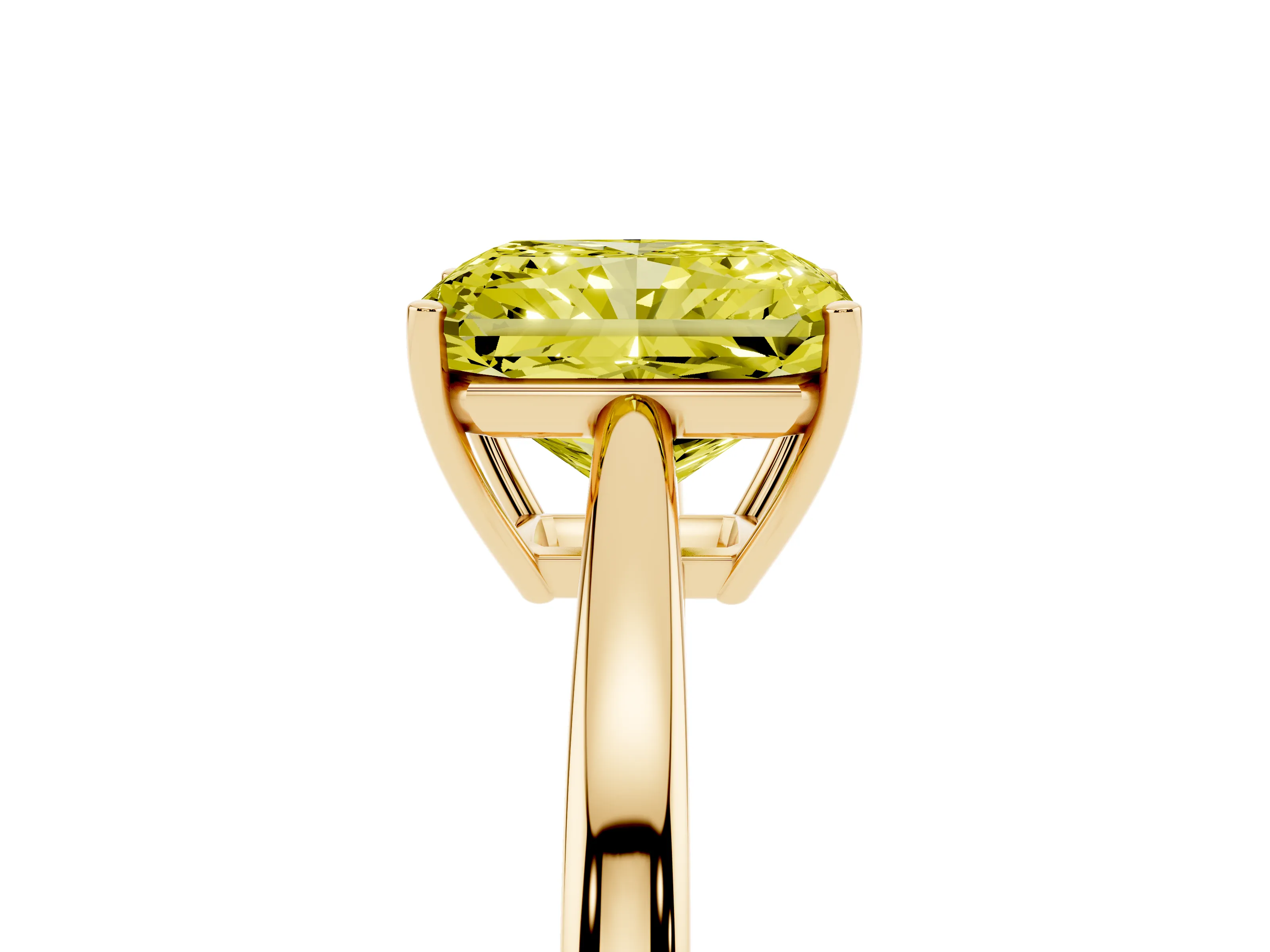 Fancy Yellow Radiant Cut Diamond Solitaire Ring Set in Yellow gold with Split Shank and Prong Setting