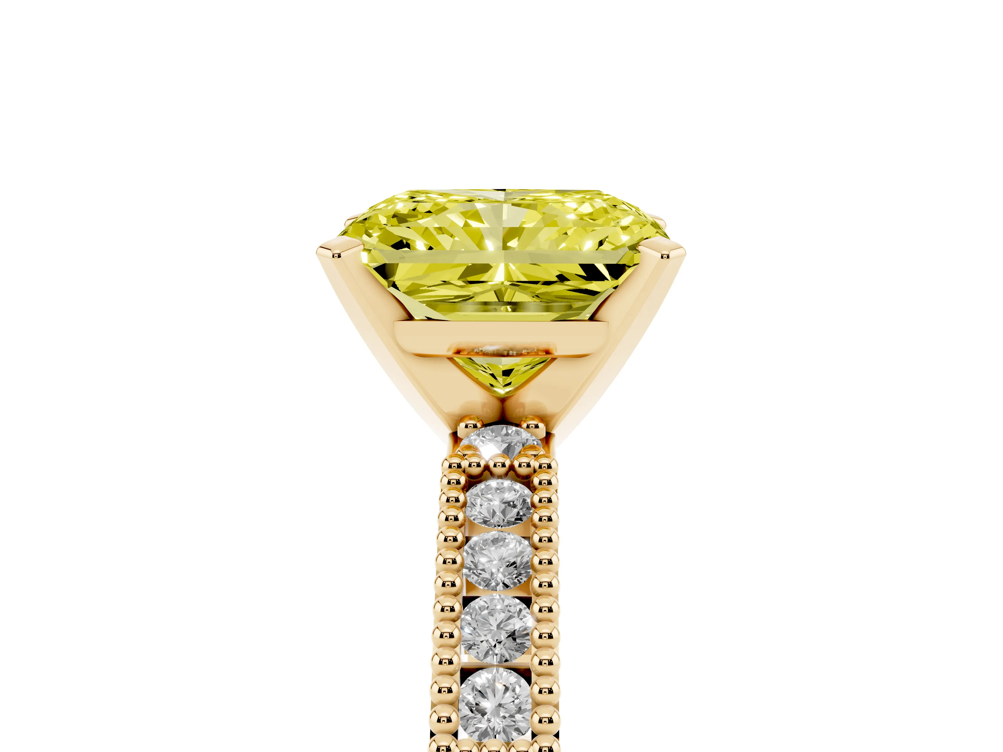 Fancy Yellow Radiant Cut Diamond Solitaire Ring Set in Yellow gold with Slim Pavé Band and Prong Setting
