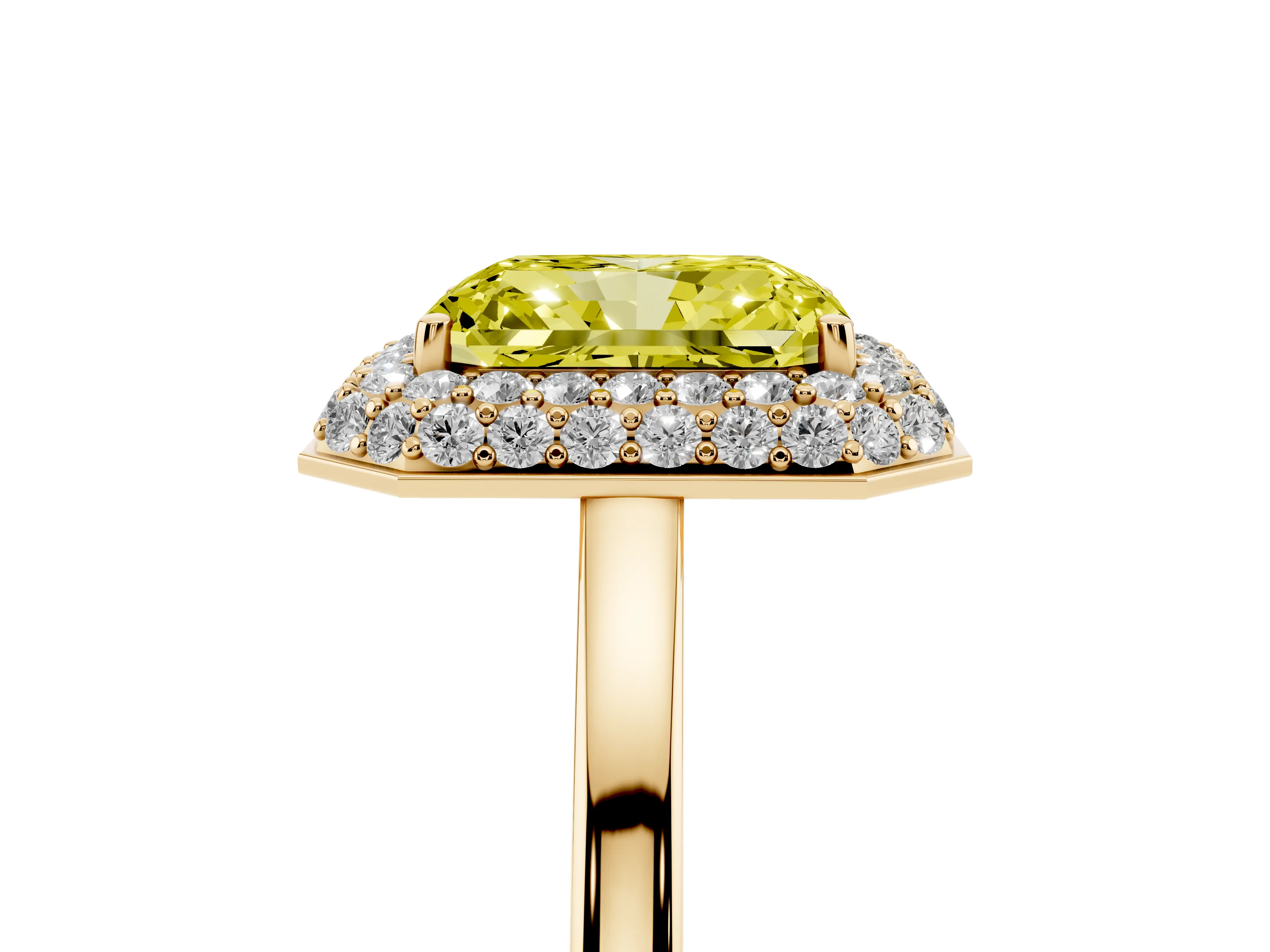 Fancy Yellow Radiant Cut Diamond Halo Engagement Ring Set in Yellow gold with Solitaire Band and Prong Setting