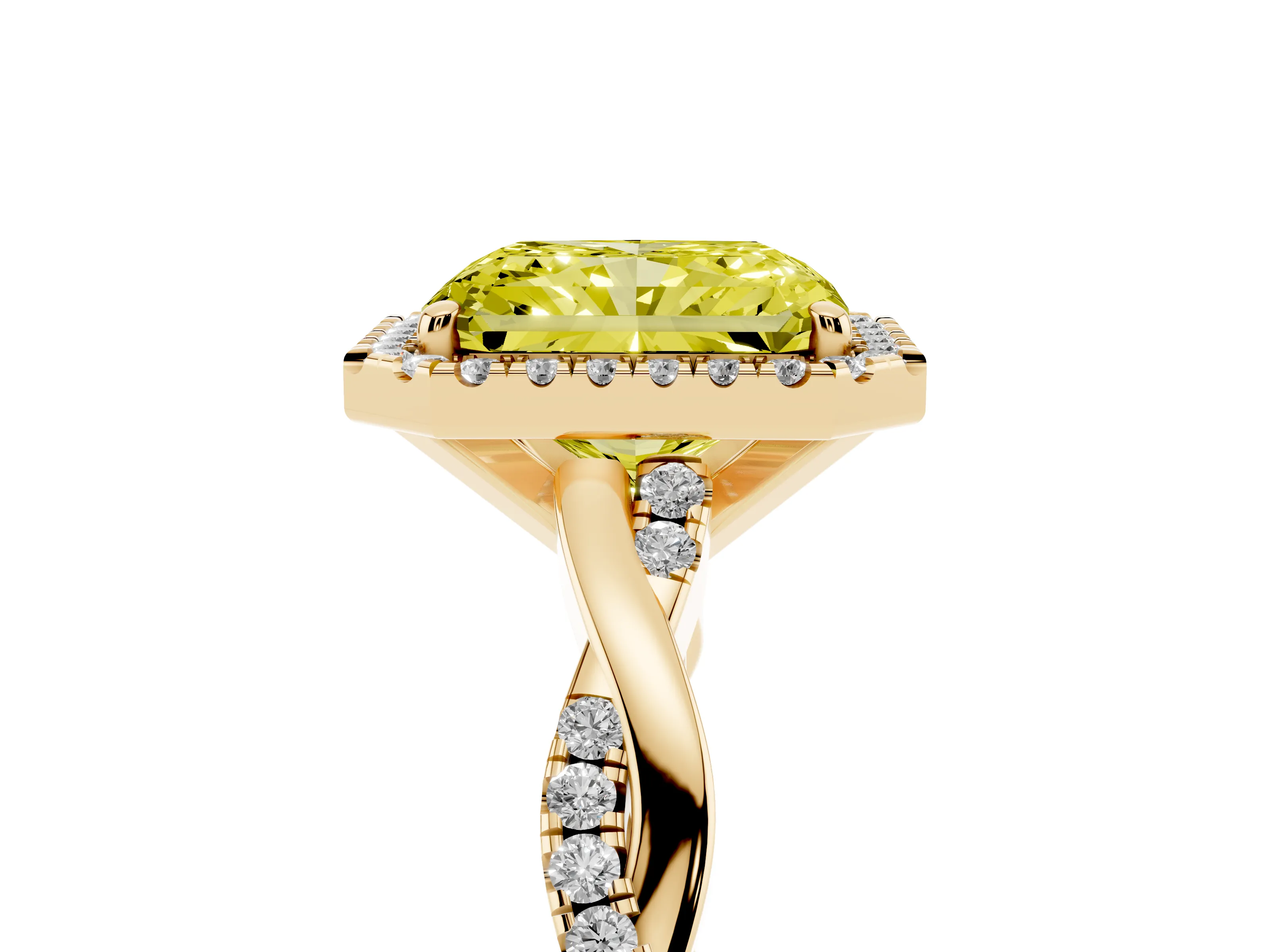 Fancy Yellow Radiant Cut Diamond Halo Twisted Band Ring Set in Yellow gold with Prong Setting