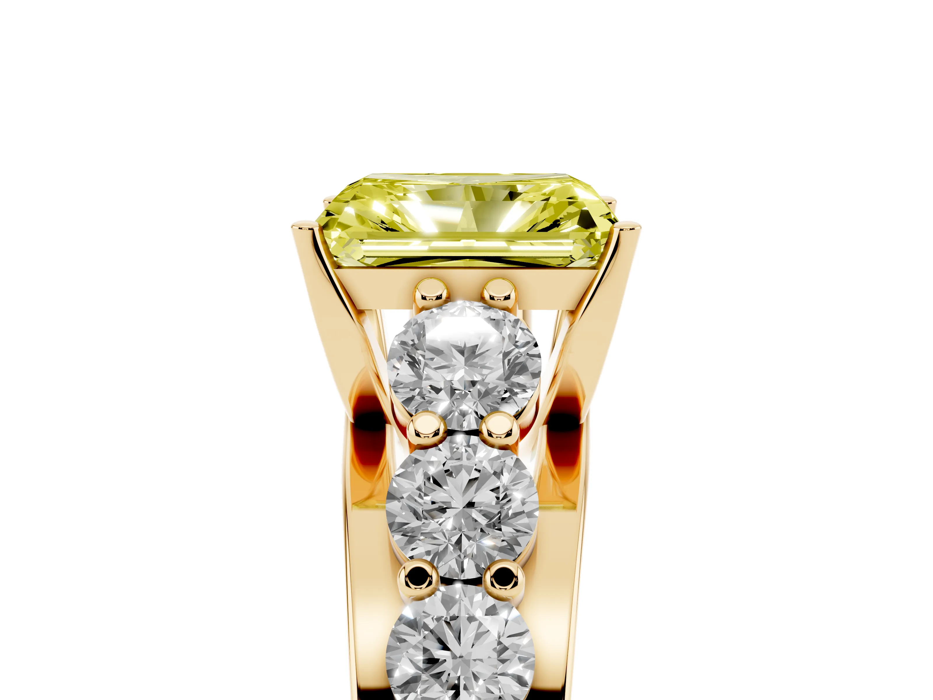 Fancy Yellow Radiant Cut Diamond Pavé Engagement Ring Set in Yellow gold with Prong Setting