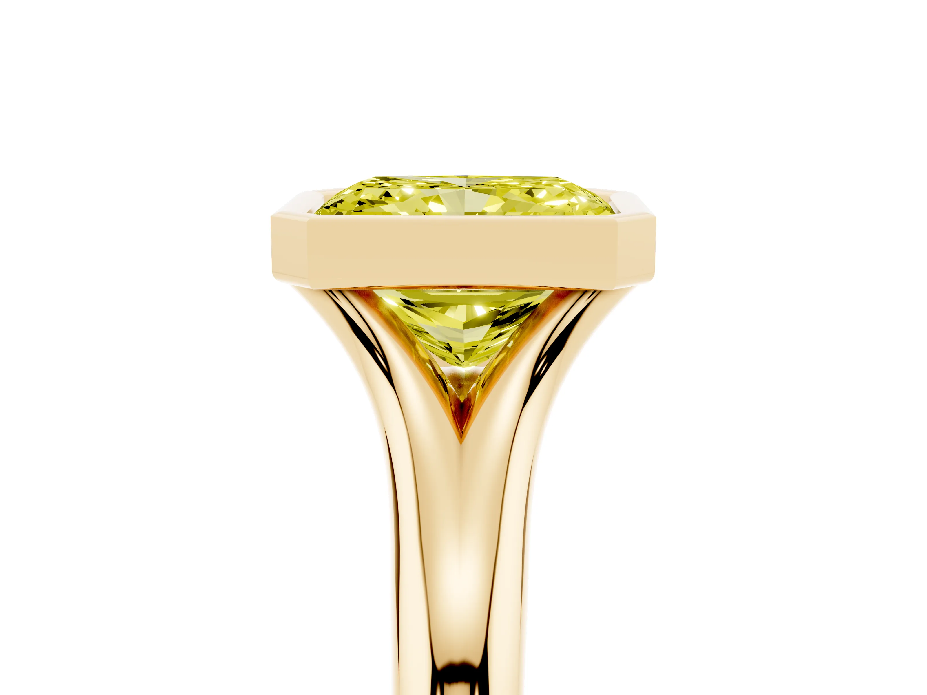 Fancy Yellow Bezel Set Radiant Cut Diamond Solitaire Ring Set in Yellow gold with Smooth Band