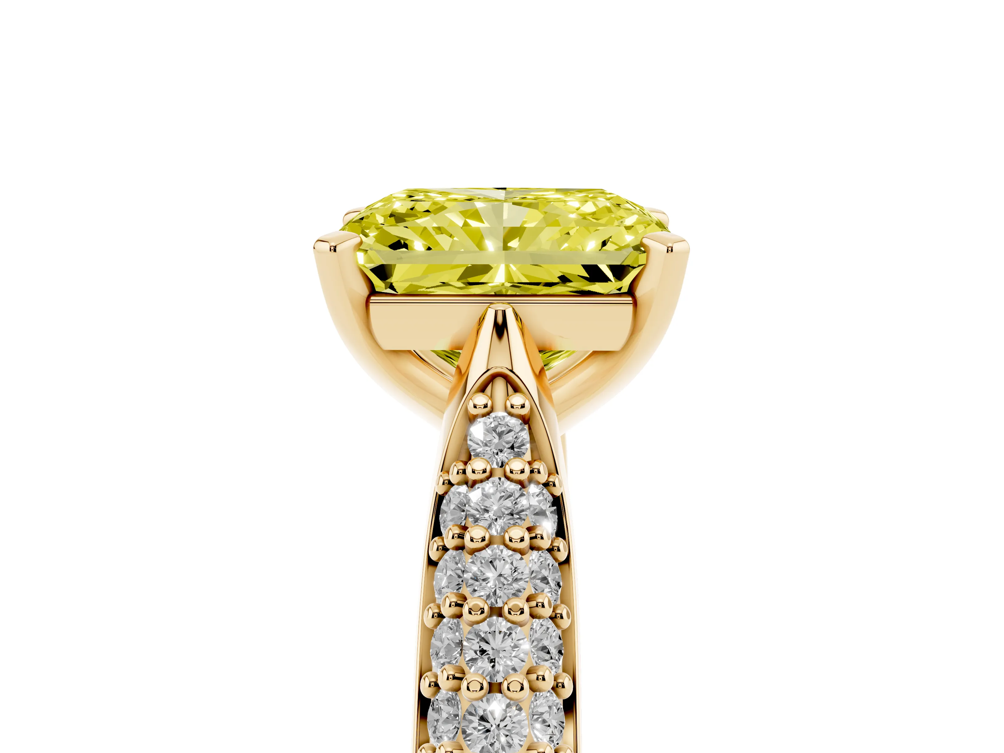 Fancy Yellow Radiant Cut Diamond Solitaire Engagement Ring Set in Yellow gold with Multi-Row Round Pavé Band and Prong Setting
