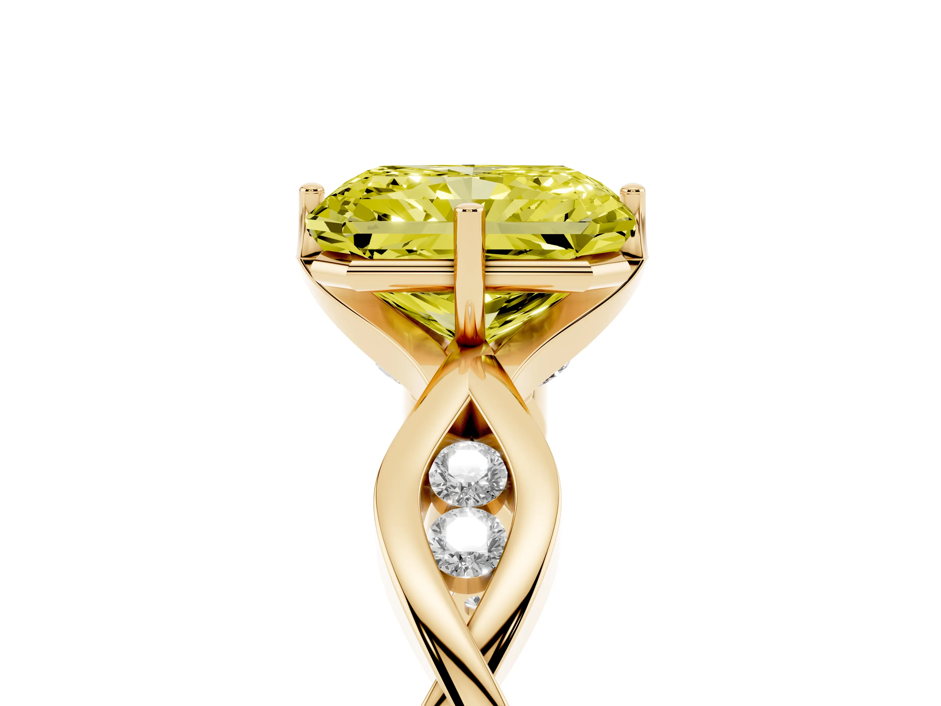 Fancy Yellow Radiant Cut Diamond Twist Band Solitaire Ring Set in Yellow gold with Leaf Prong Setting and Accent Stones
