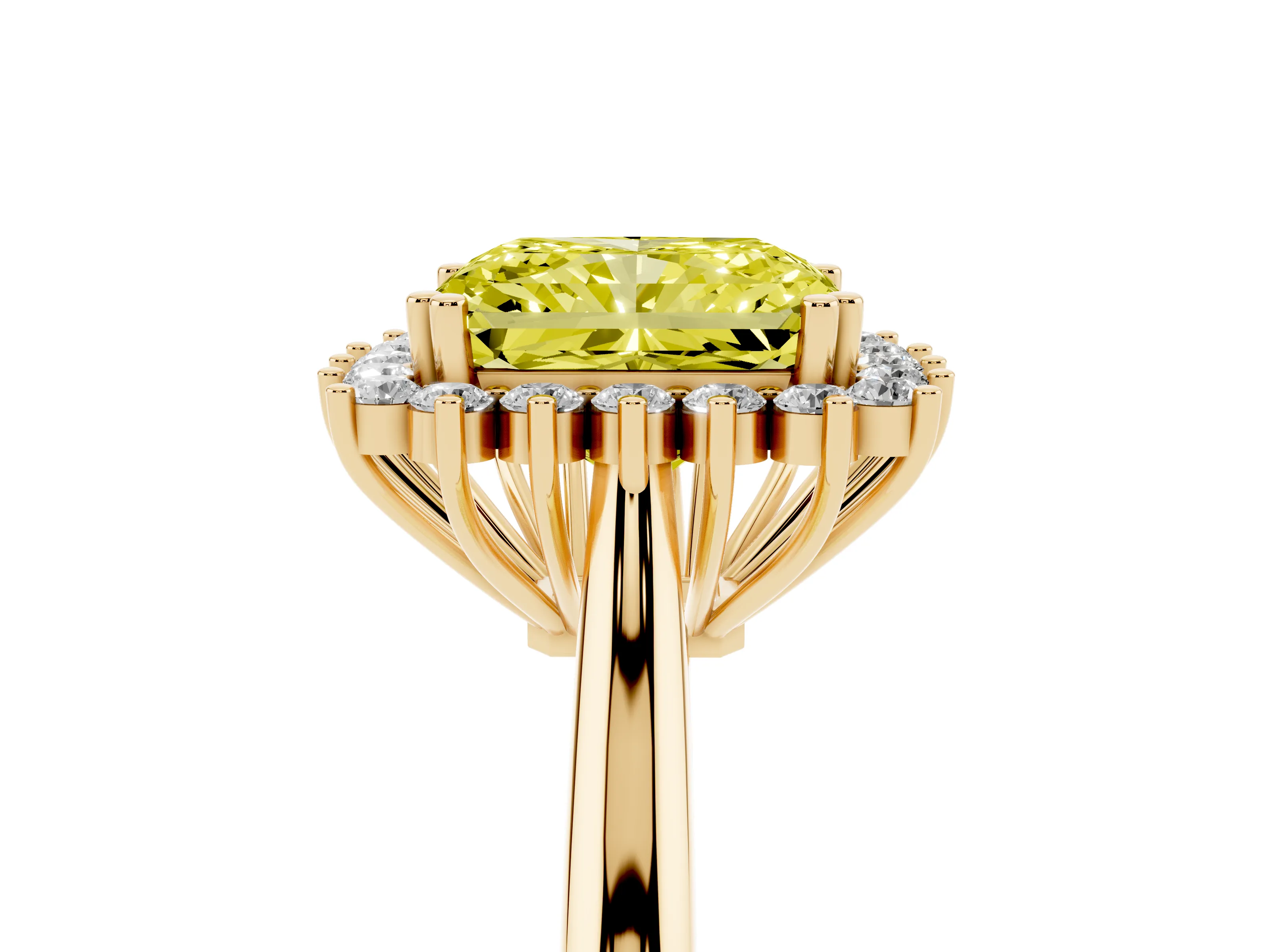Fancy Yellow Radiant Cut Diamond Halo Ring Set in Yellow gold with Plain Solitaire Band and Prong Setting