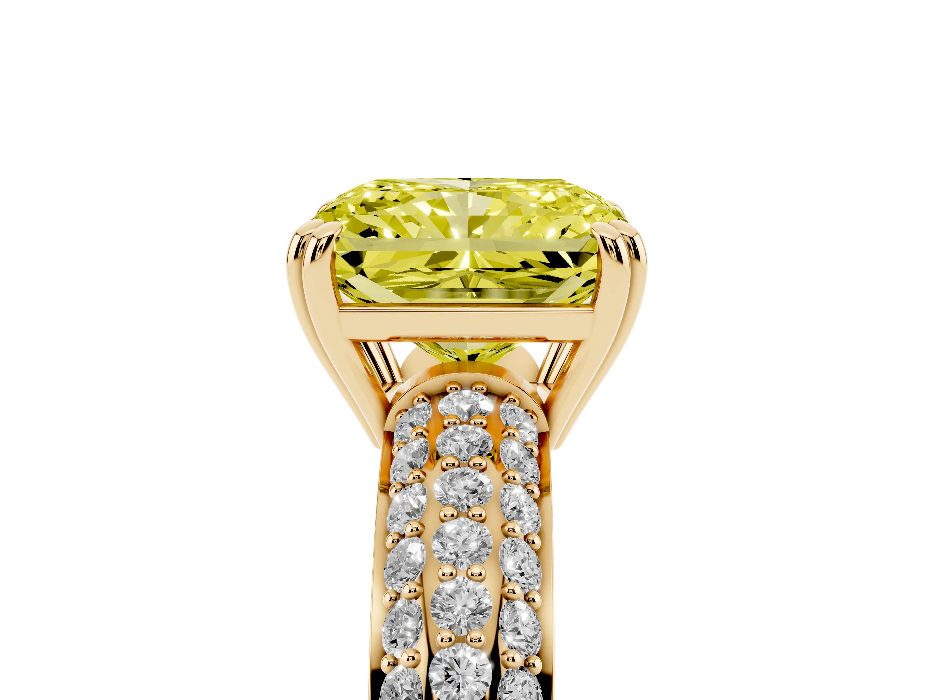 Fancy Yellow Radiant Cut Diamond Solitaire Ring Set in Yellow gold with Multi-Row Round Pavé Band and Prong Setting