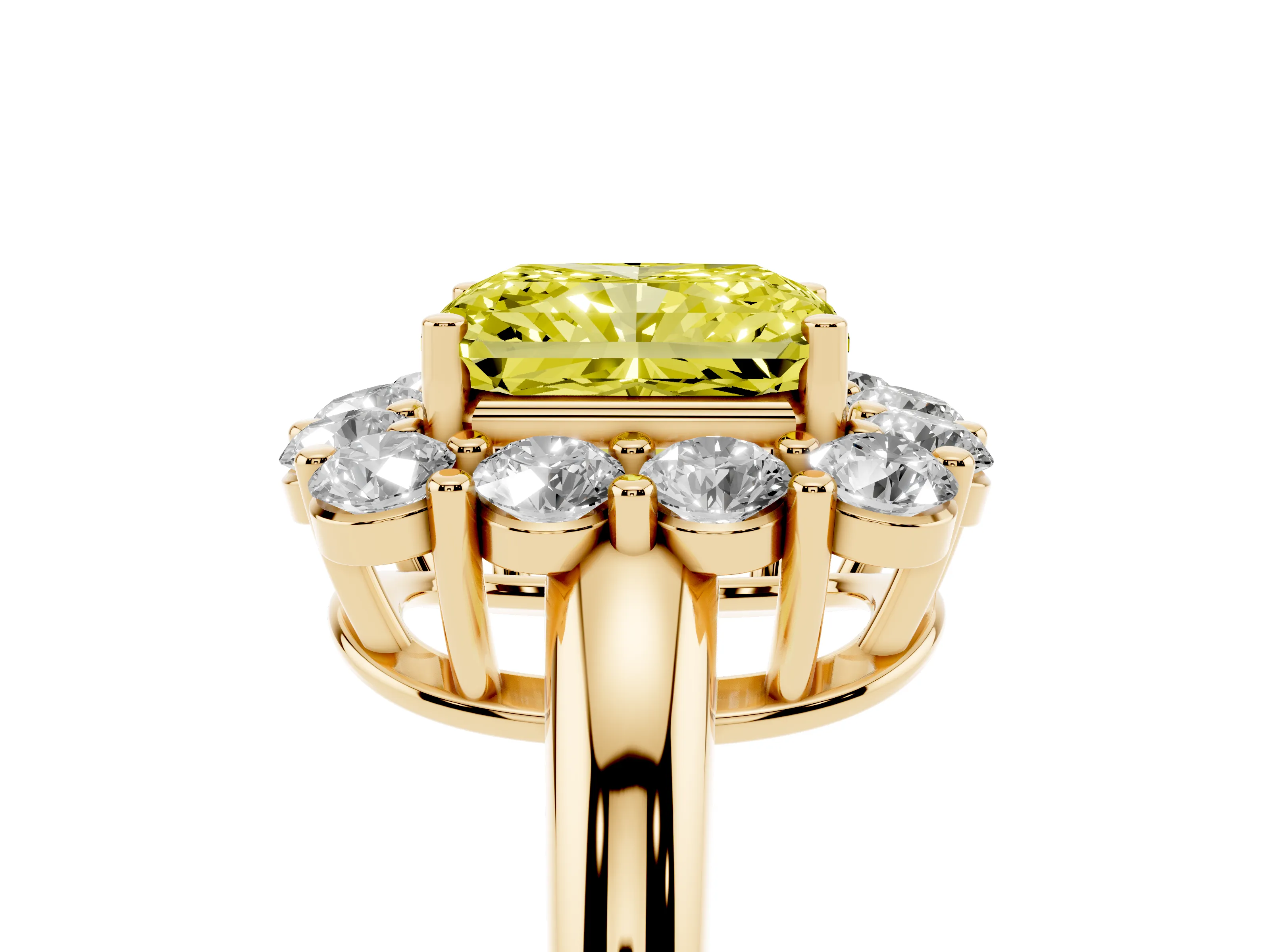 Fancy Yellow Radiant Cut Diamond Halo Cluster Engagement Ring Set in Yellow gold with Polished Band and Prong Setting