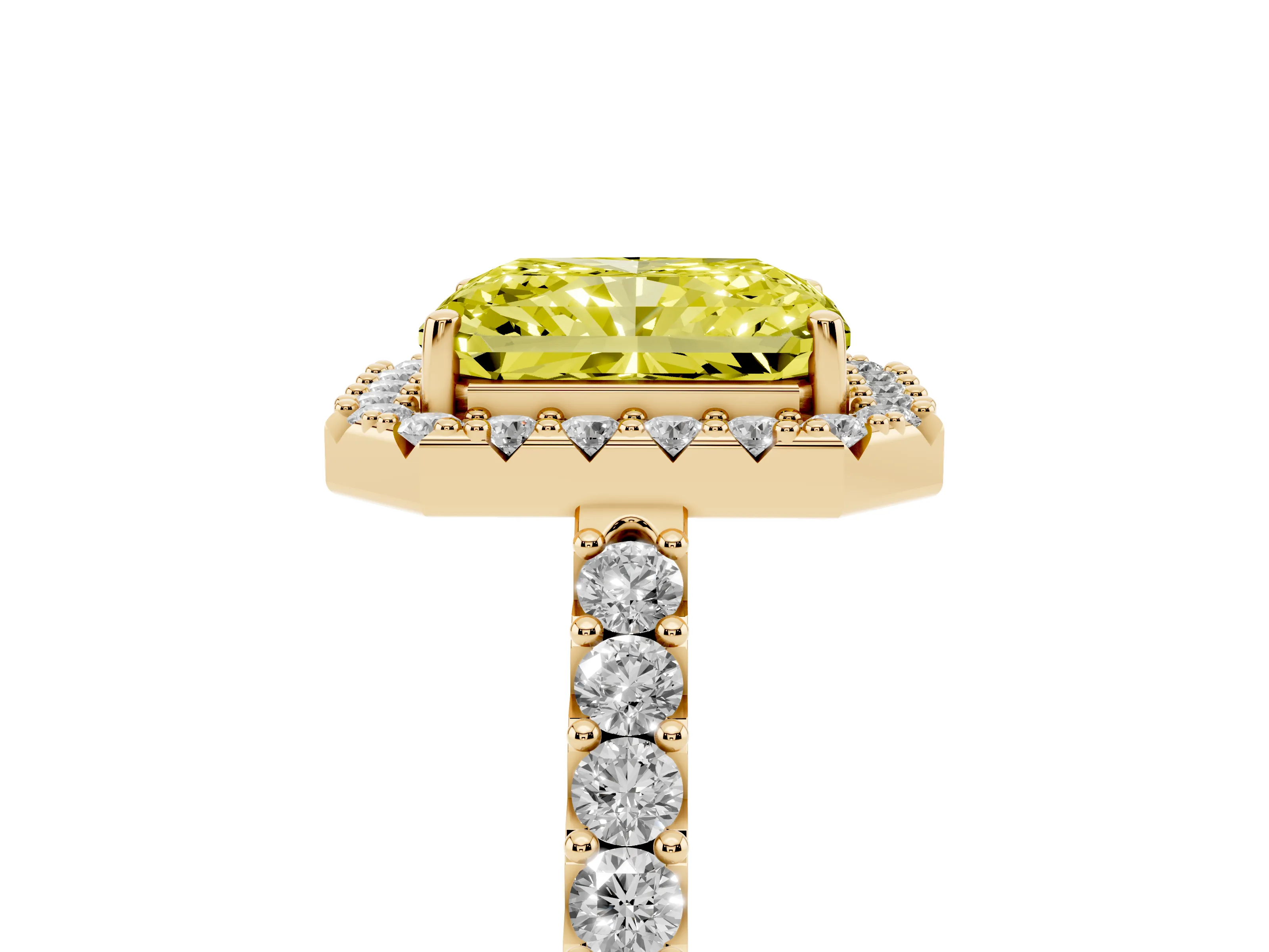 Fancy Yellow Radiant Cut Diamond Halo Pavé Solitaire Ring Set in Yellow gold with Prong-Set Center Stone