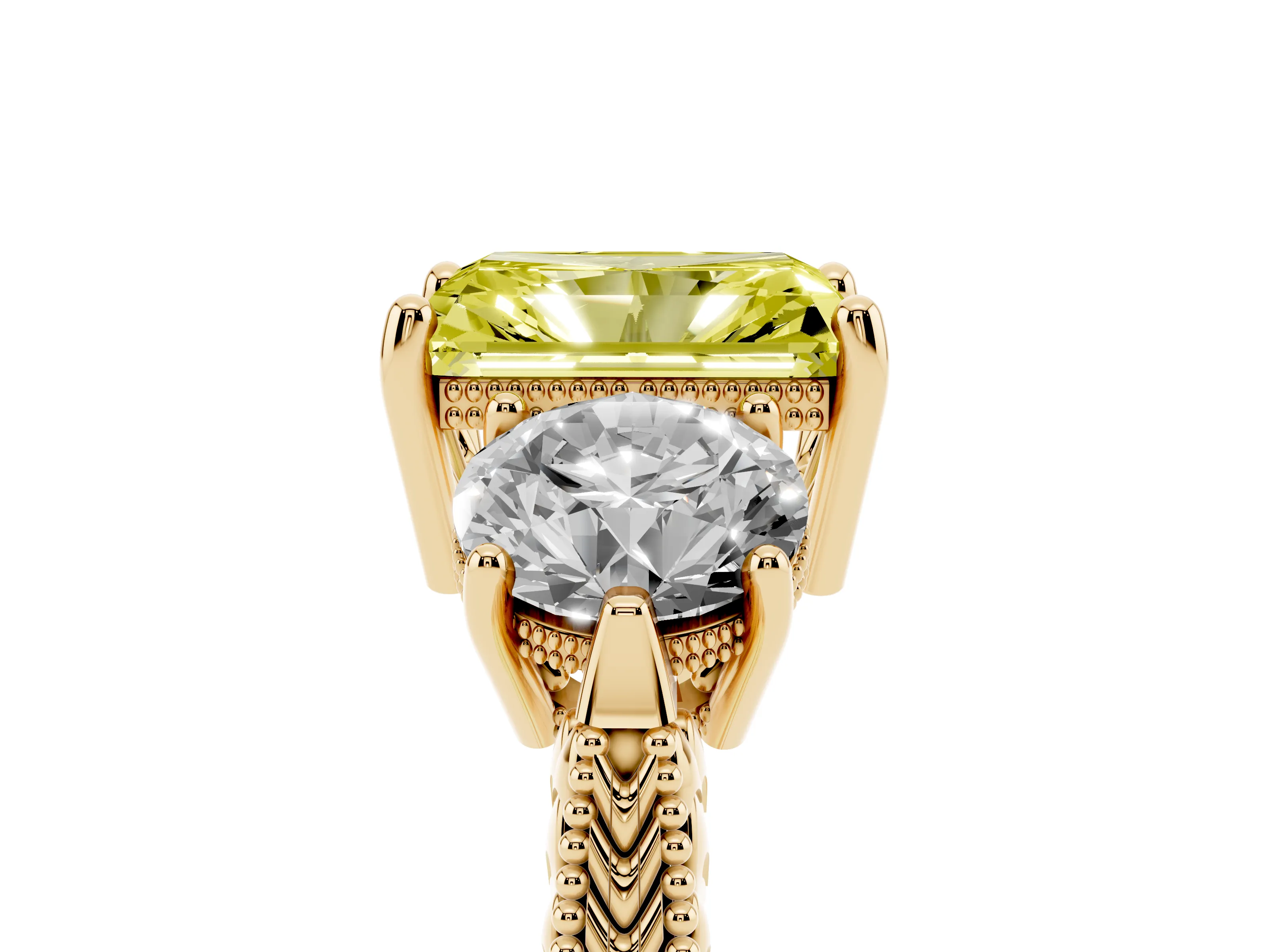 Fancy Yellow Radiant Cut Diamond Three-Stone Ring Set in Yellow gold with Milgrain Band