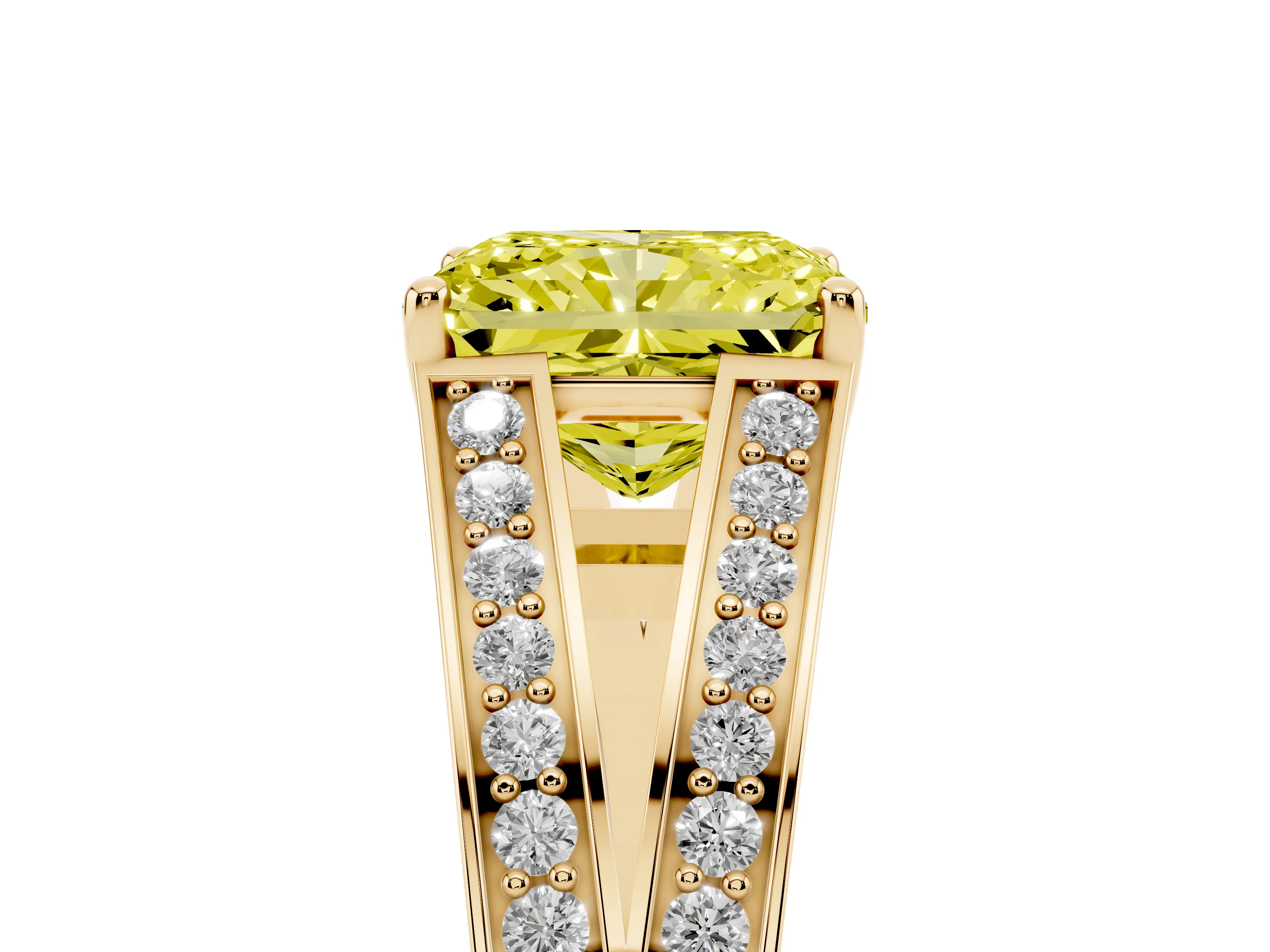 Fancy Yellow Radiant Cut Diamond Split Shank Ring Set in Yellow gold with Pavé Band and Prong Setting