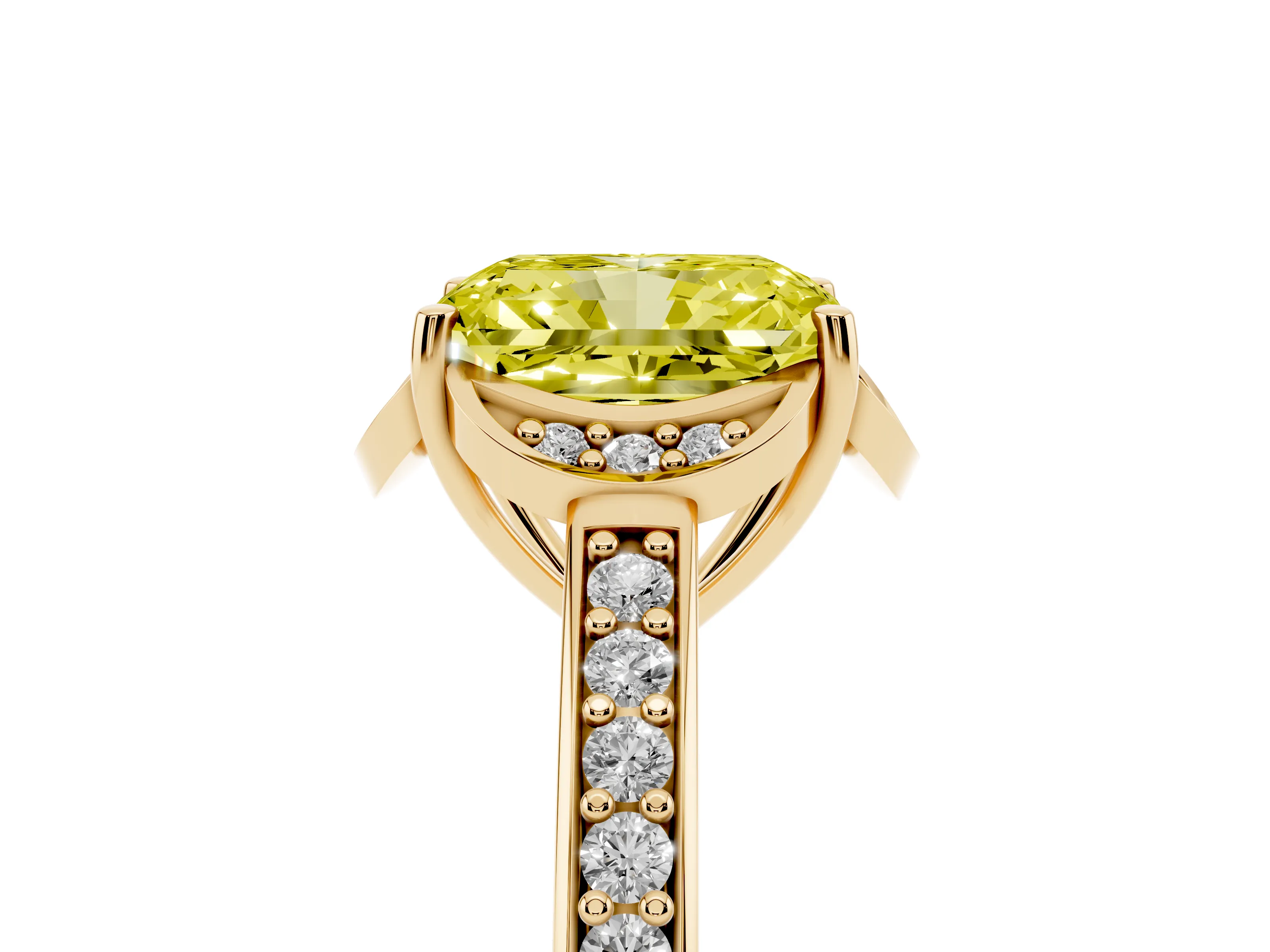 Fancy Yellow Radiant Cut Diamond Halo Ring Set in Yellow gold with Channel Set Band and Prong Setting