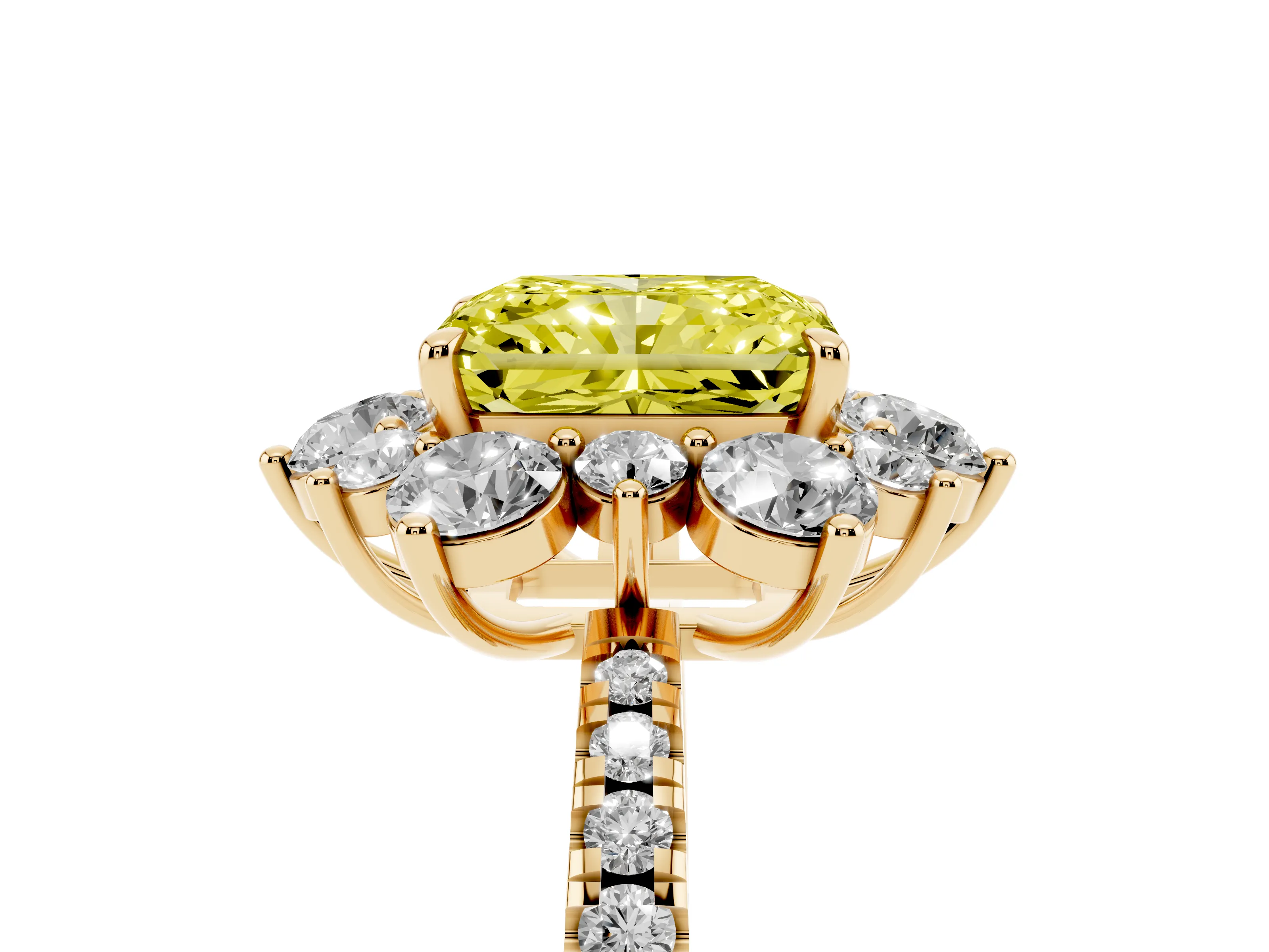 Fancy Yellow Radiant Cut Diamond Floral Halo Ring Set in Yellow gold with Round Pavé Band and Prong Setting