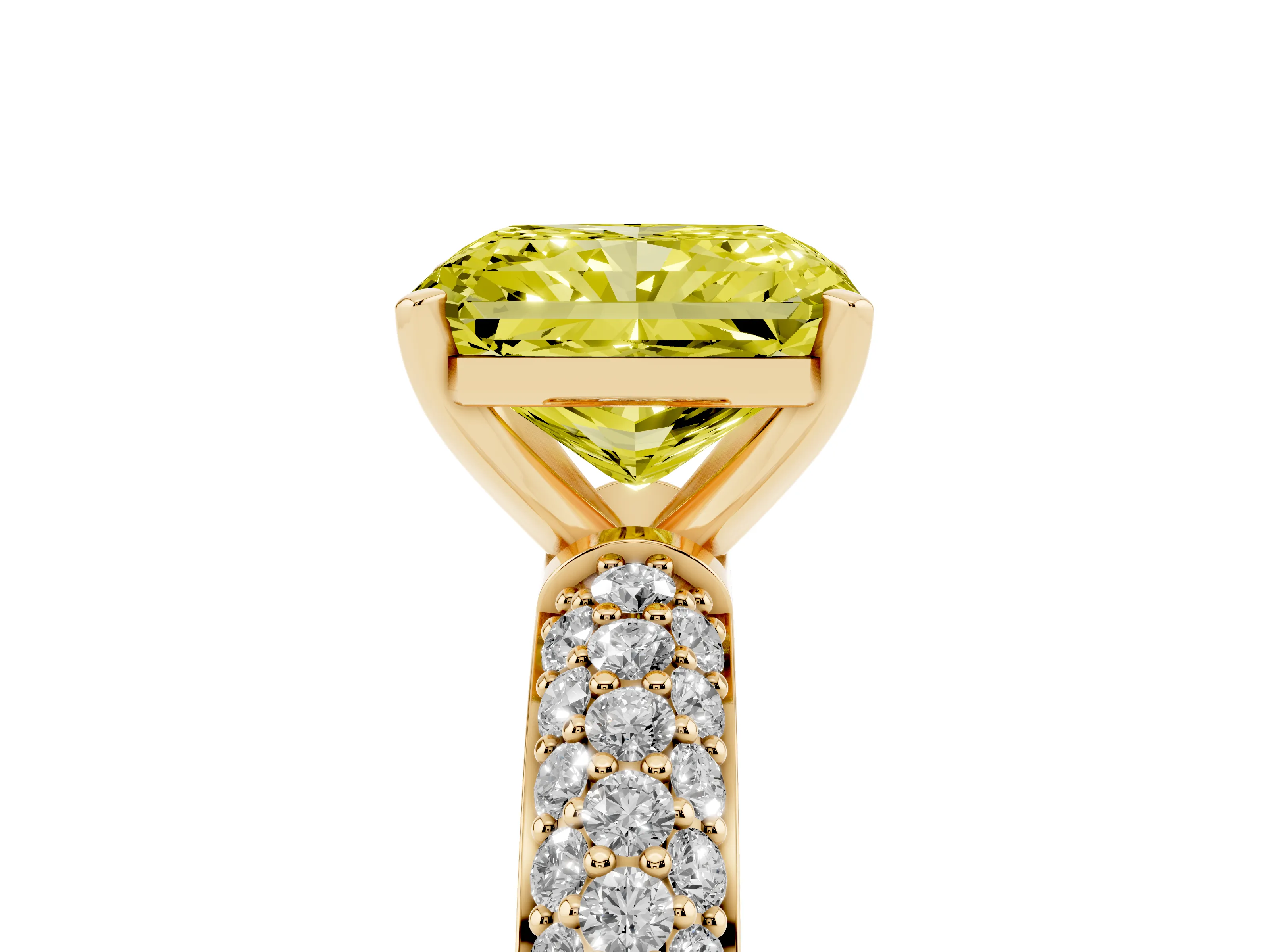 Fancy Yellow Radiant Cut Diamond Solitaire Ring Set in Yellow gold with Prong Setting and Pavé-Set Band