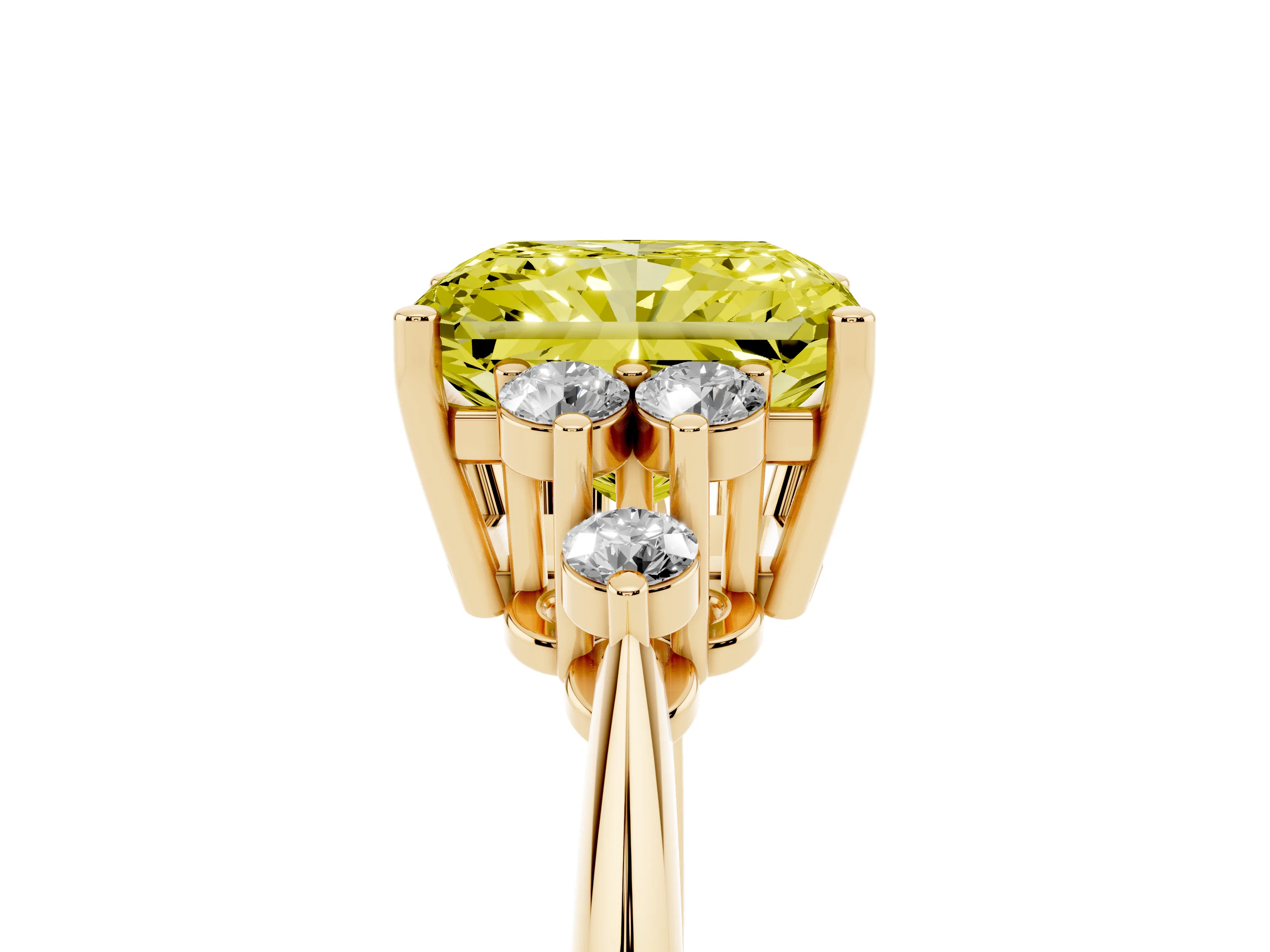 Fancy Yellow Radiant Cut Diamond Cluster Ring Set in Yellow gold with Plain Band and Prong Setting
