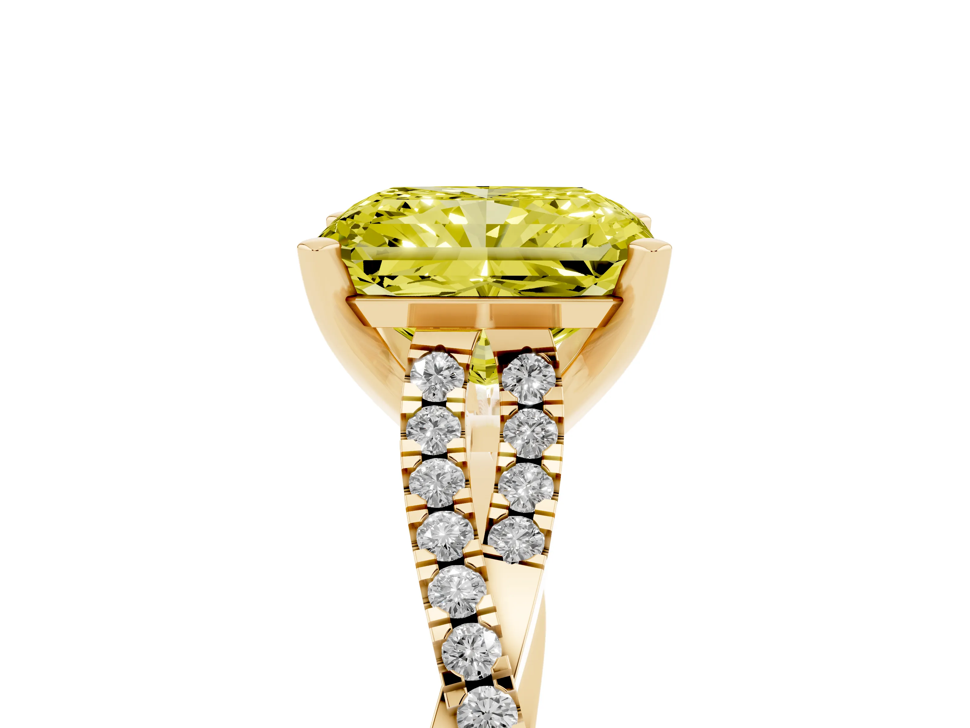 Fancy Yellow Radiant Cut Diamond Solitaire Engagement Ring Set in Yellow gold with Twisted Pavé Band and Prong Setting