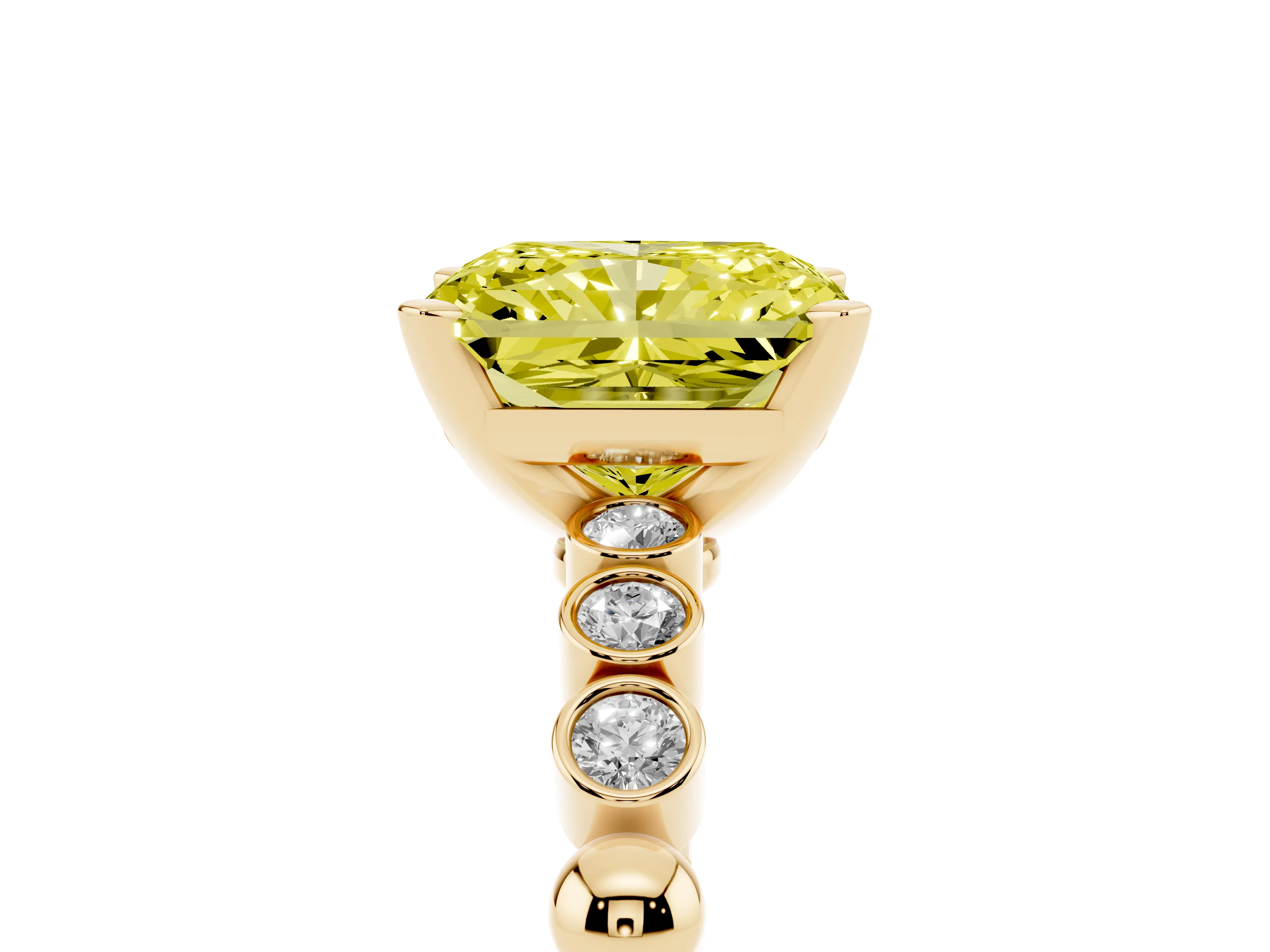 Fancy Yellow Radiant Cut Diamond Solitaire Engagement Ring Set in Yellow gold with Bezel Accents on Beaded Band