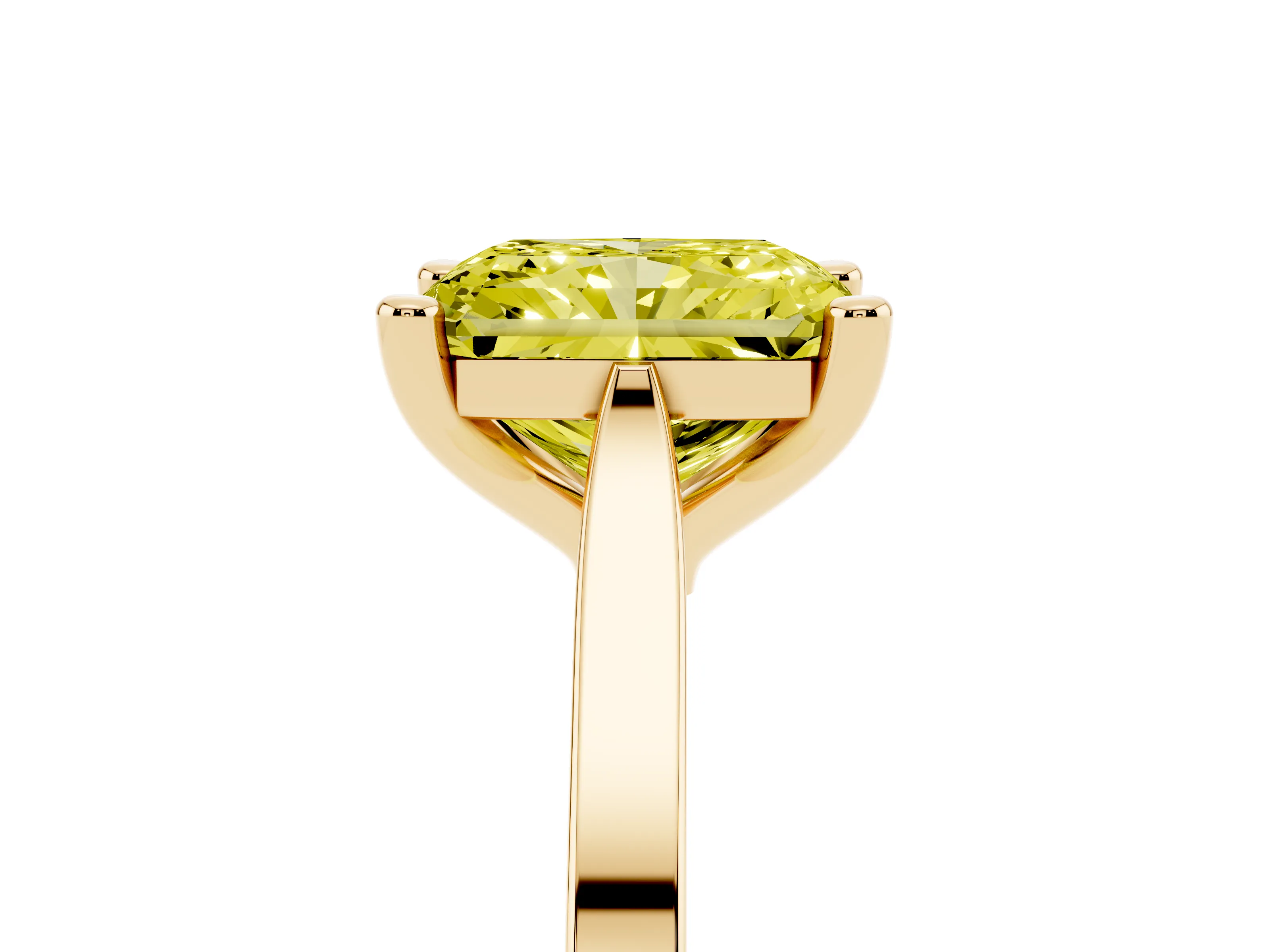 Fancy Yellow Radiant Cut Diamond Solitaire Ring Set in Yellow gold with Prong Setting and Tapered Band
