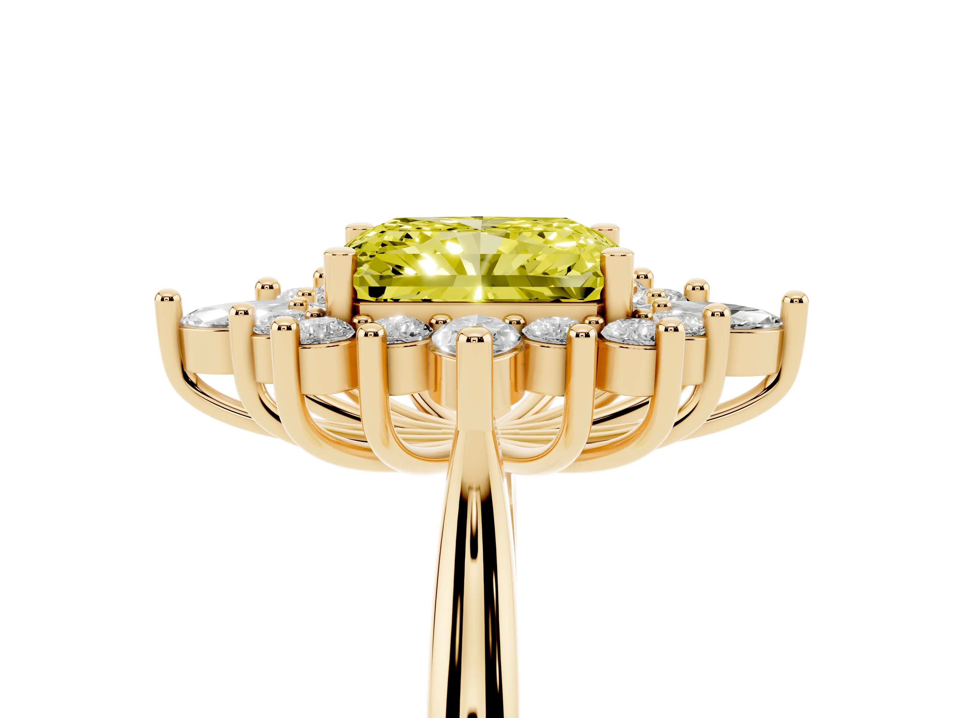 Fancy Yellow Radiant Cut Diamond Cluster Halo Ring Set in Yellow gold with Marquise and Round Accents