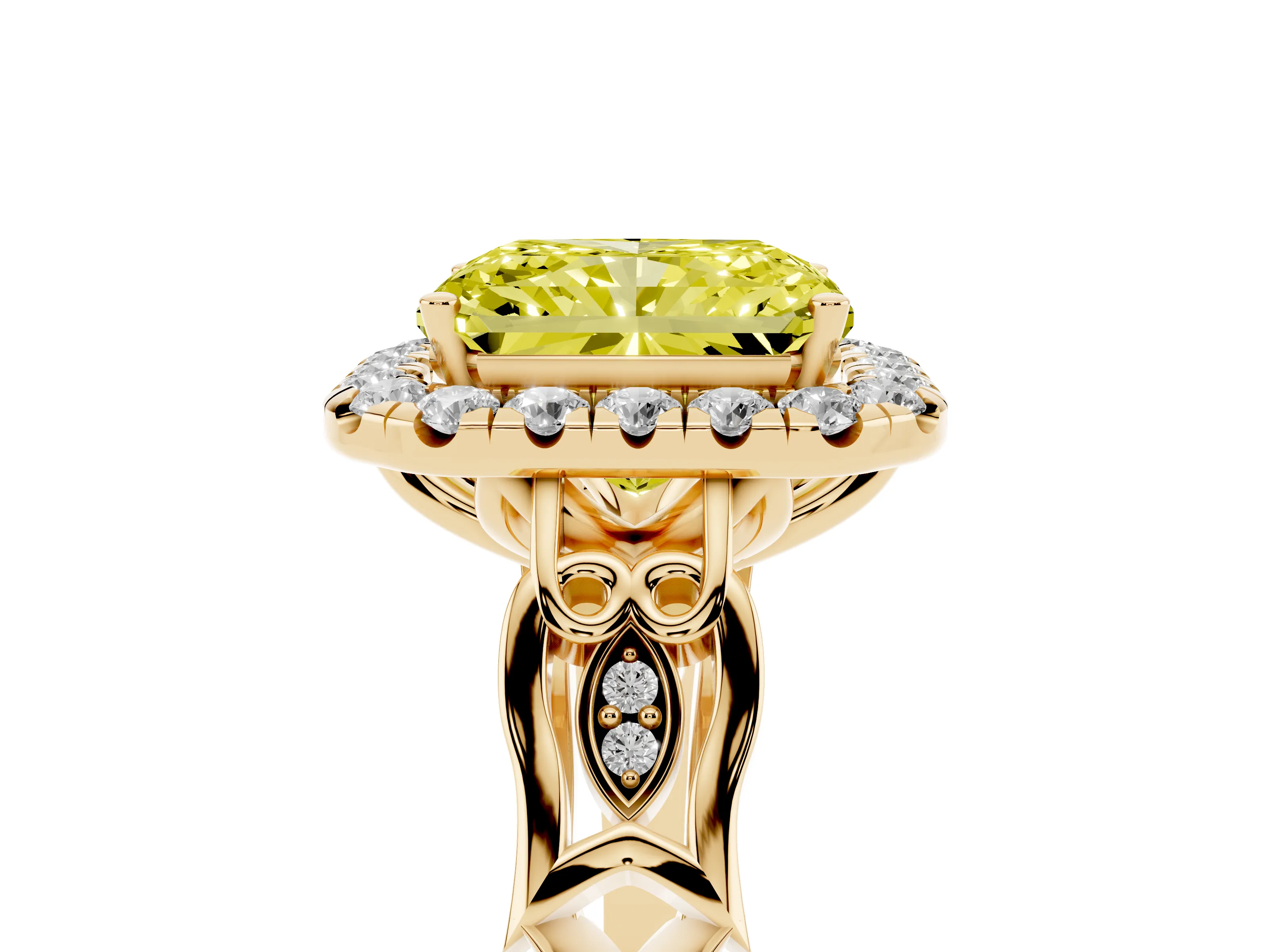 Fancy Yellow Radiant Cut Diamond Halo Engagement Ring Set in Yellow gold with Filigree Band and Prong-Set Center