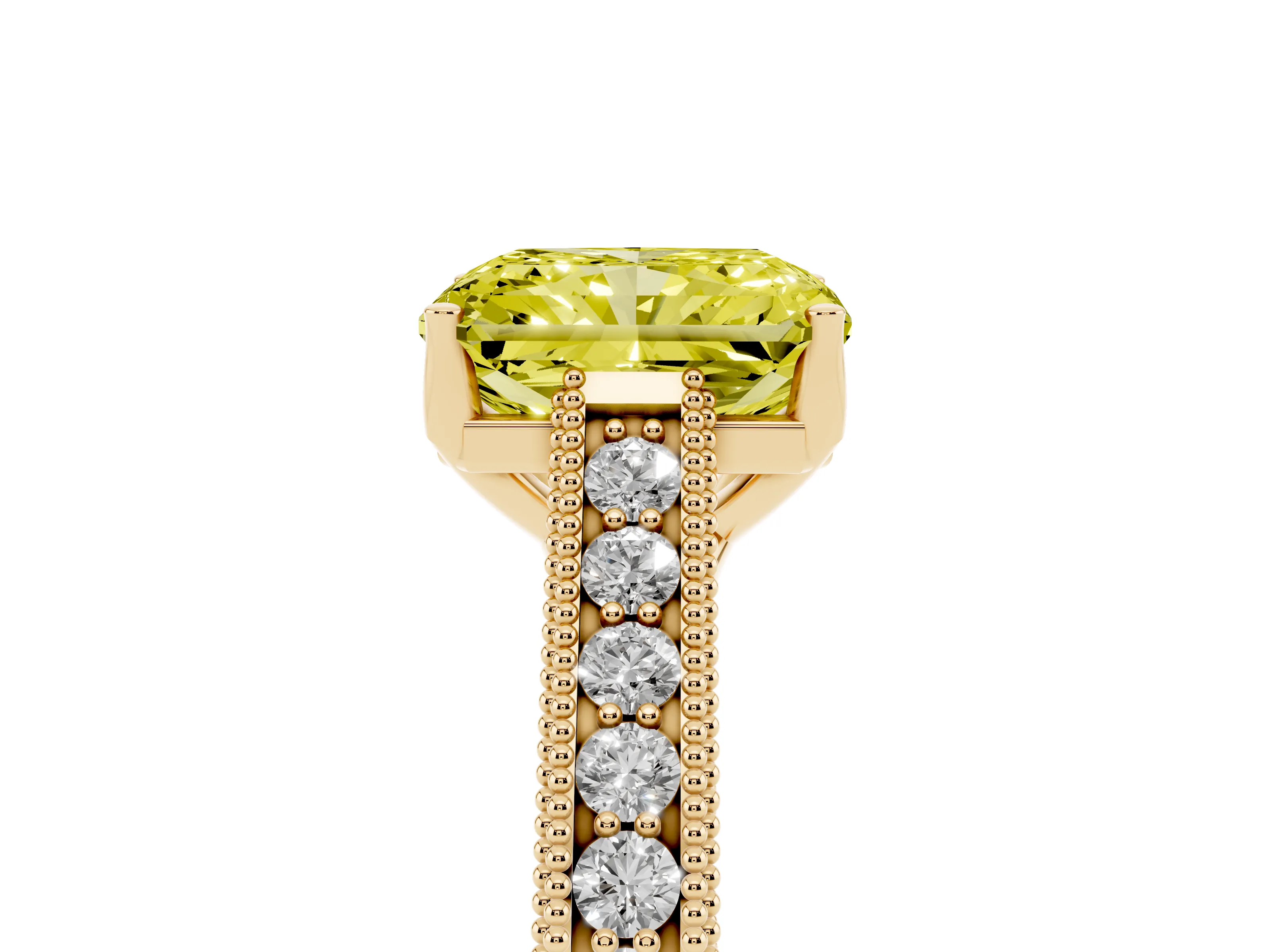Fancy Yellow Radiant Cut Diamond Milgrain Pavé Band Solitaire Ring Set in Yellow gold with Prong Setting