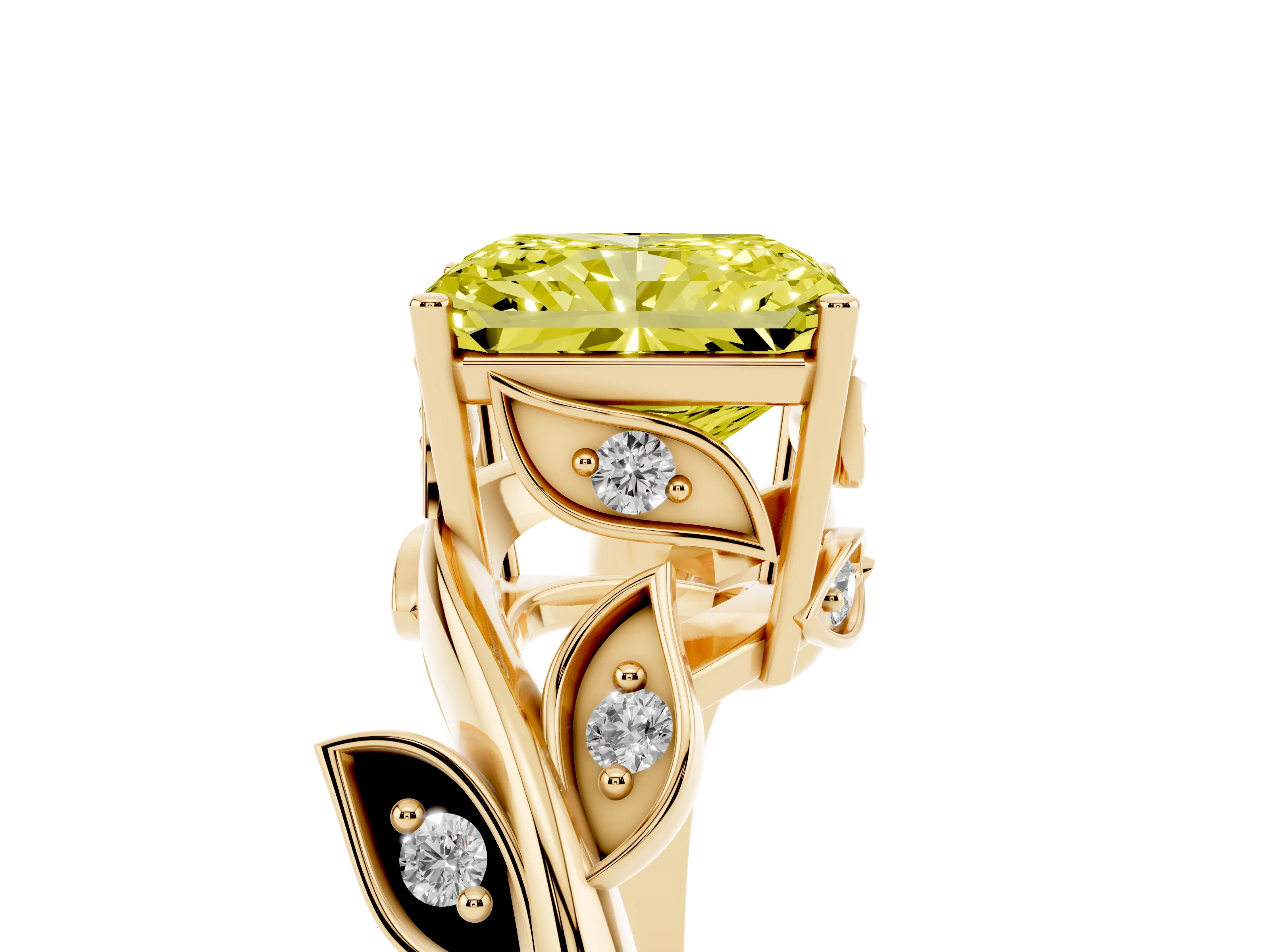 Fancy Yellow Radiant Cut Diamond Solitaire Twist Engagement Ring Set in Yellow gold with Pavé Leaf Accents