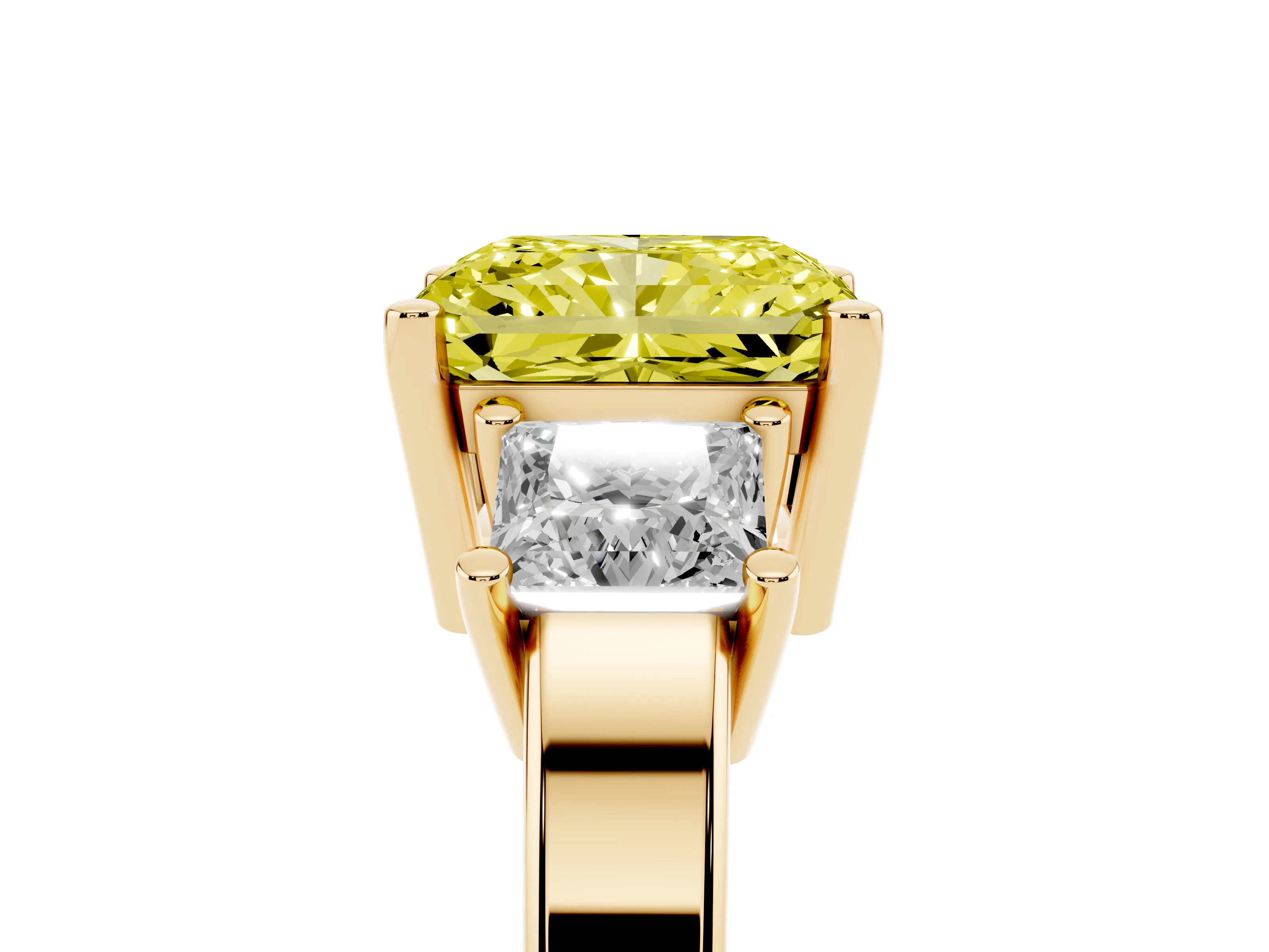 Fancy Yellow Three-Stone Radiant Cut Diamond Solitaire Ring Set in Yellow gold with Prong Setting