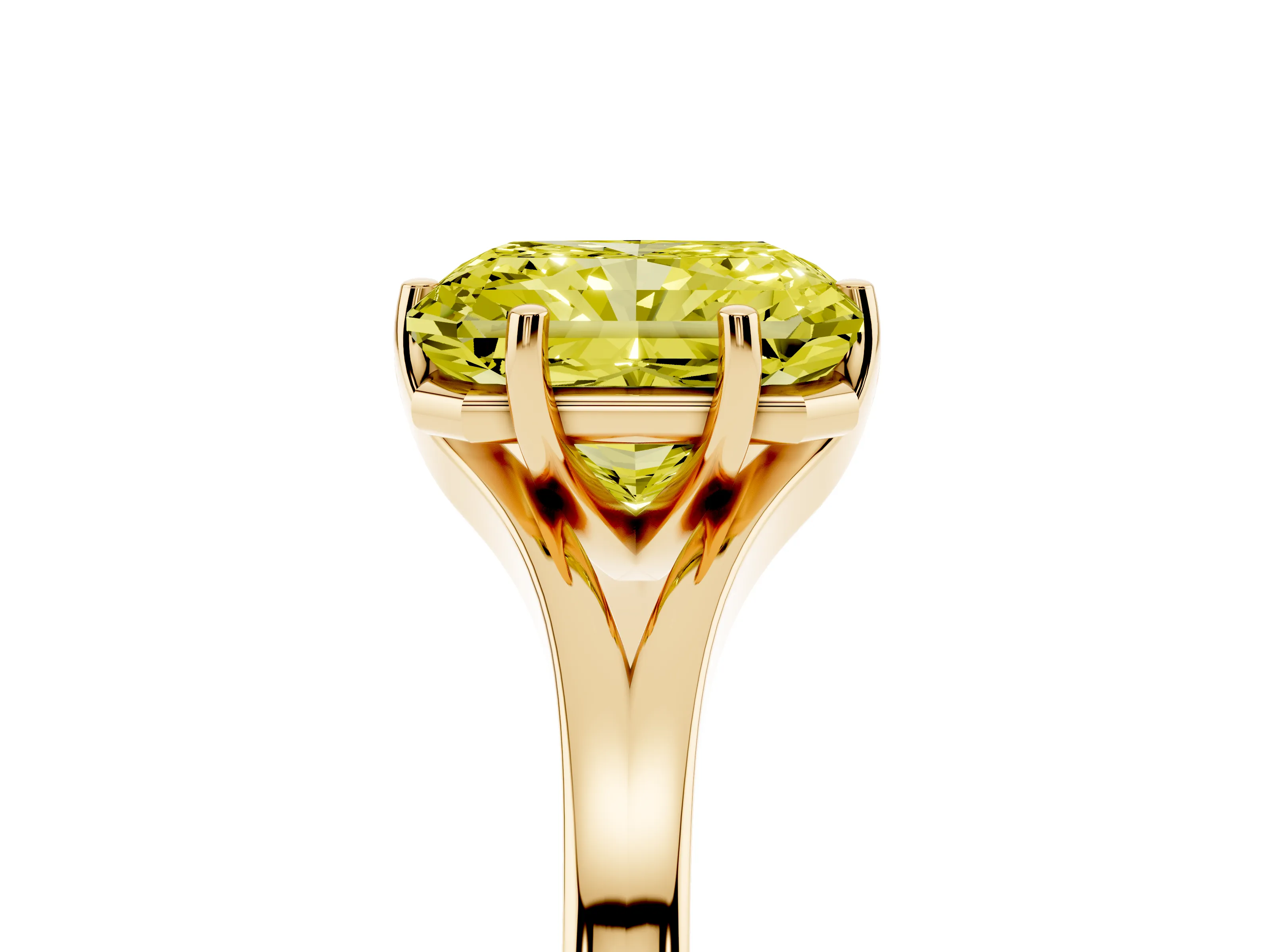 Fancy Yellow Radiant Cut Diamond Solitaire Ring Set in Yellow gold with Polished Tapered Band and Prong Setting