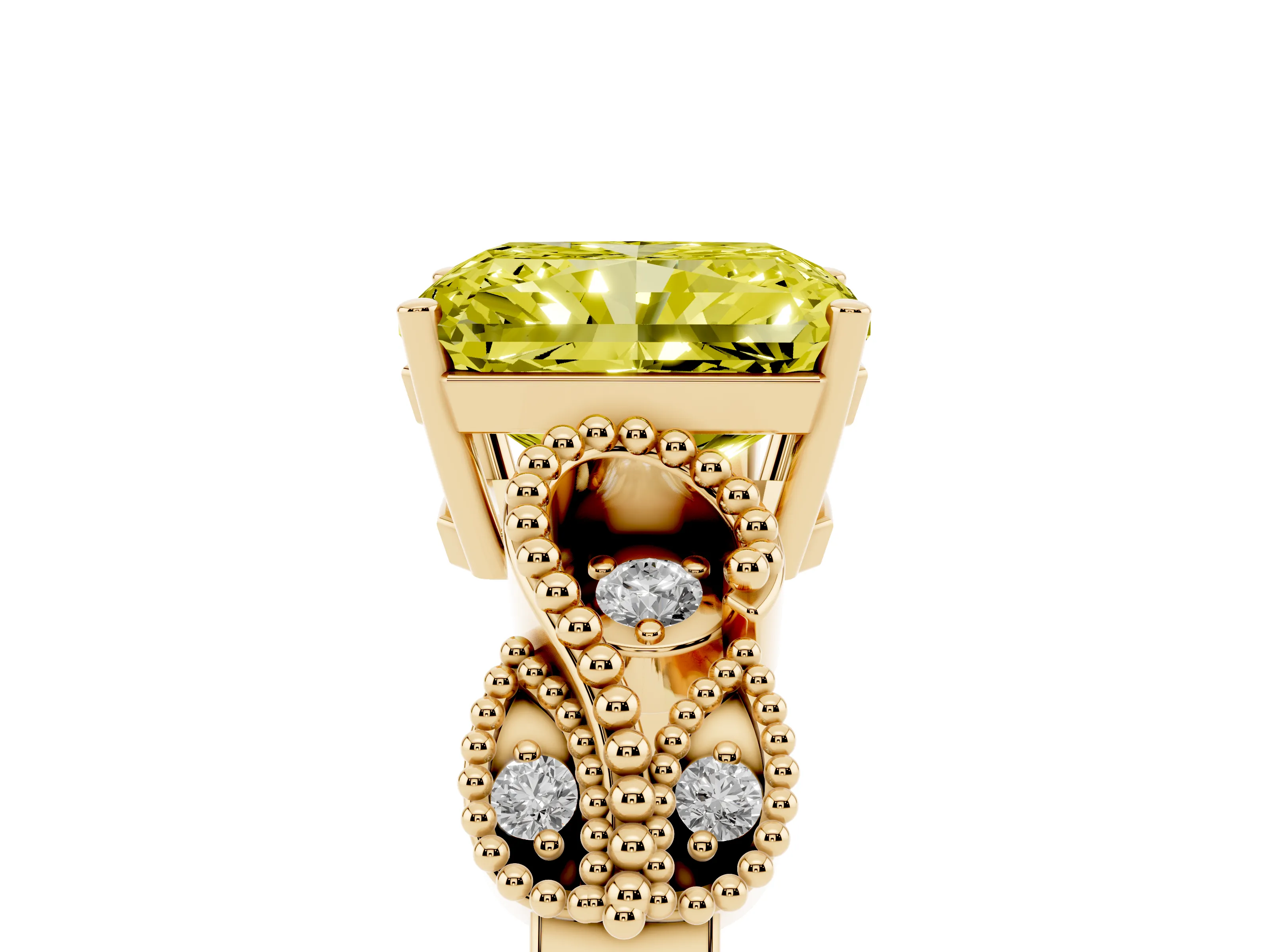 Fancy Yellow Radiant Cut Diamond Milgrain Leaf Band Solitaire Ring Set in Yellow gold with Accent Stones and Prong Setting