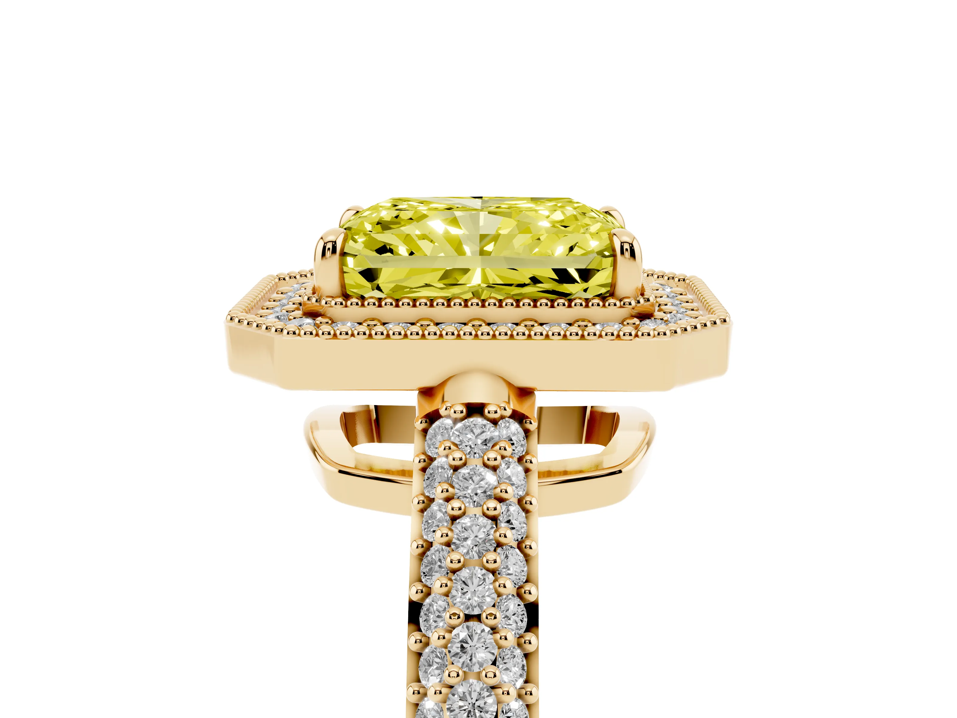 Fancy Yellow Radiant Cut Diamond Halo Pavé Band Set in Yellow gold with Prong Setting