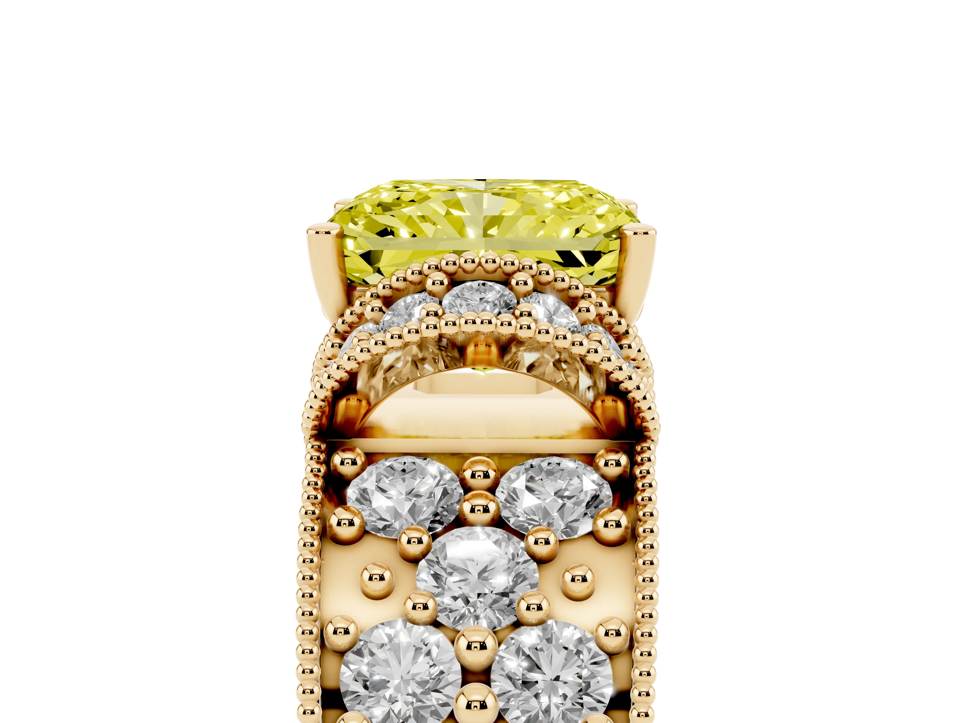 Fancy Yellow Radiant Cut Diamond Milgrain Halo Pavé Engagement Ring Set in Yellow gold with Prong Setting